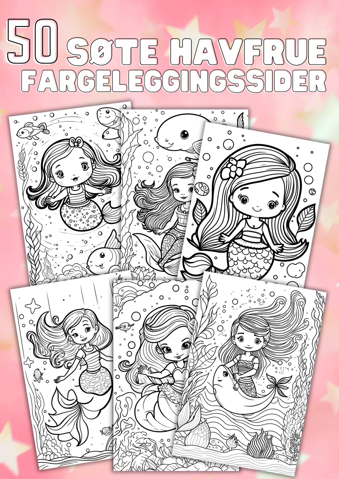 Havfrue fargelegging MERMAIDLAND | 50 fargeleggingsark | PDF og PNG