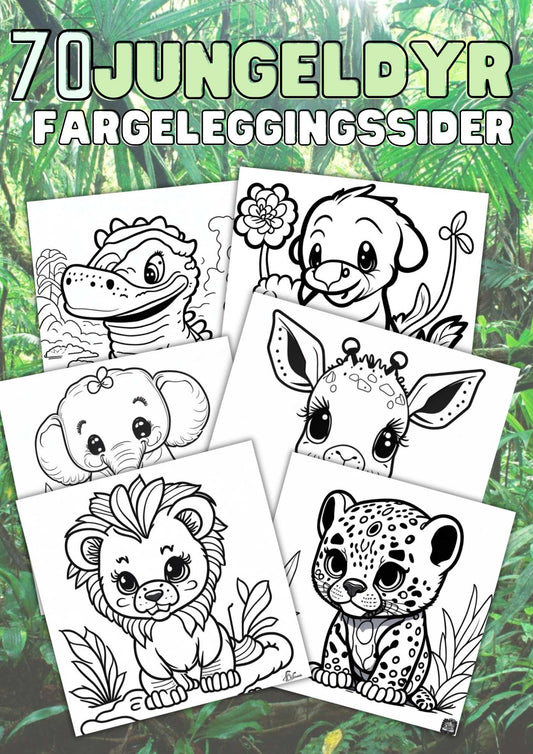 Fargelegg dyr fra jungelen | 70 enkle tegninger med dyr | PDF til utskrift