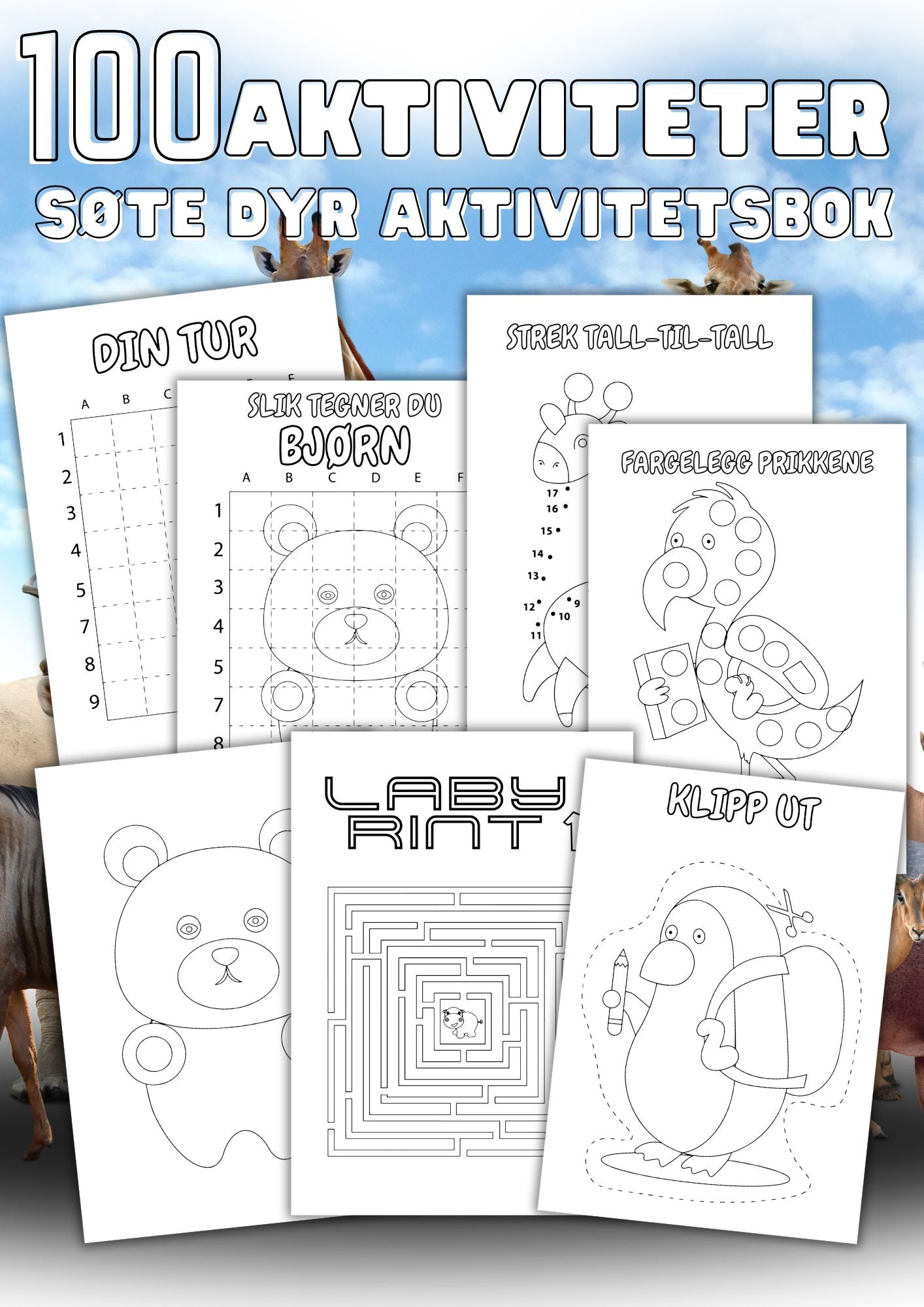 Aktivitetsbok 100 sider med oppgaver og søte dyr | Skriv ut | PDF og PNG
