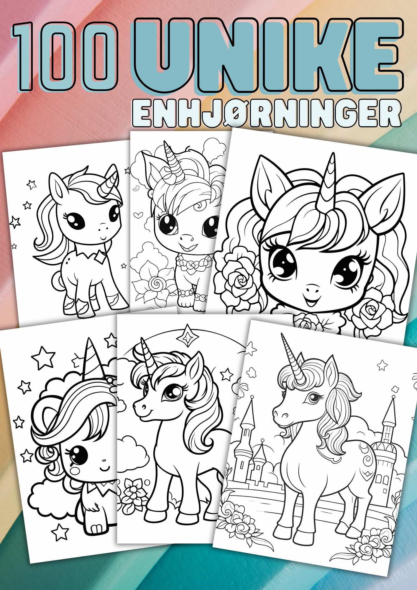 Fargelegg enhjørninger | 100 skjønne enhjørninger fargeleggingsbok | PDF til utskrift