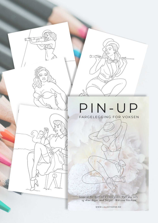Pin-up fargelegging sider | 12 unike design | PDF og PNG