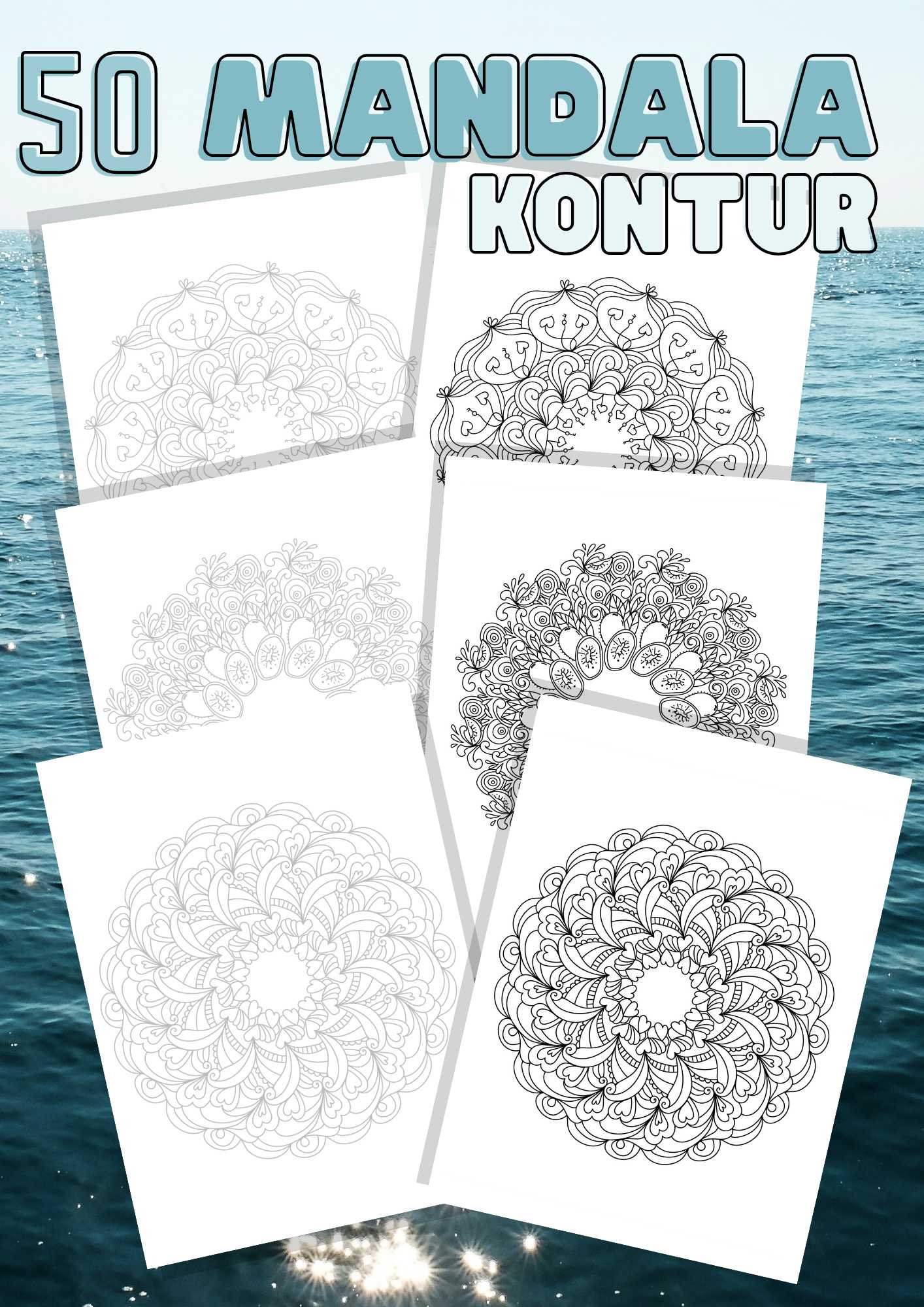 Mandala kontur | 50 sider omriss fargeleggingsbok | PDF og PNG utskrift