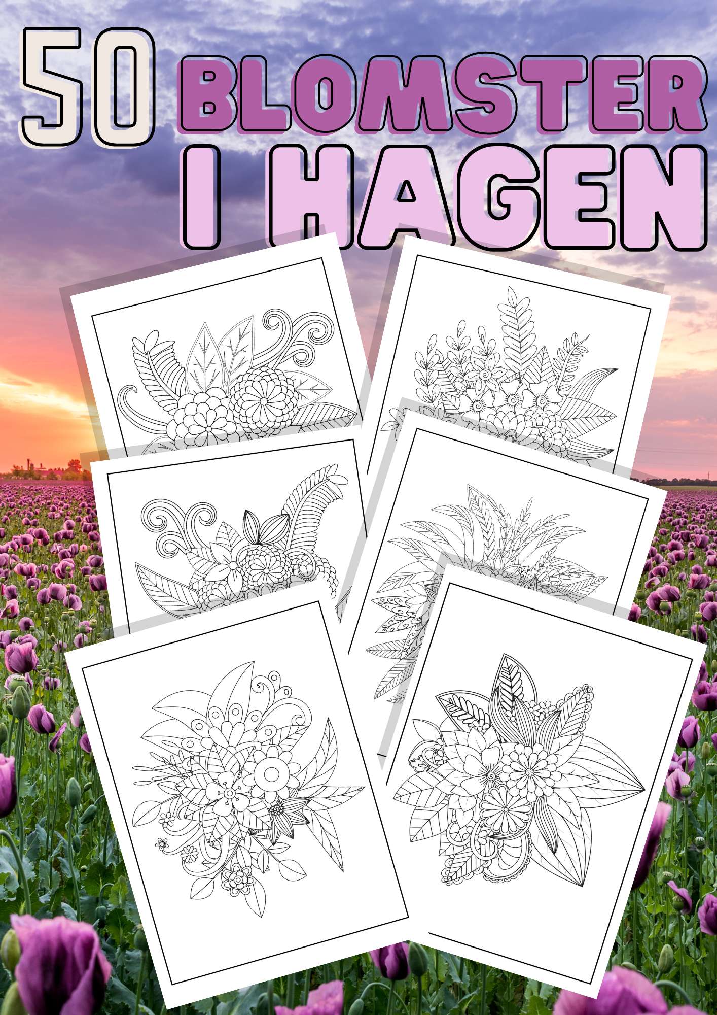 Fargelegg blomstrende hage | 50 fargeleggingsark med blomster | PDF og PNG