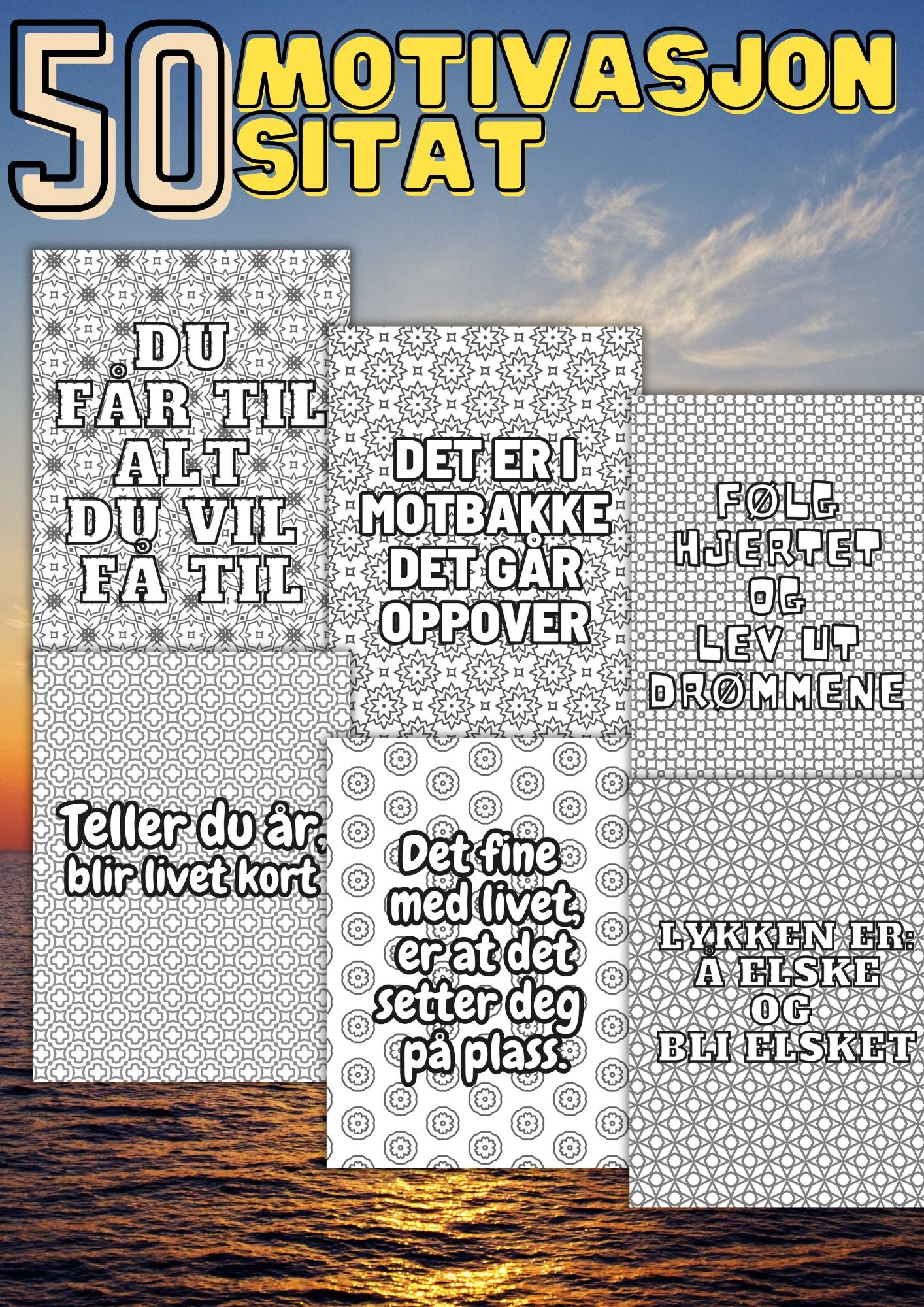 Inspirasjon sitat | Fargeleggingsbok 50 sider med motivasjon sitat | PDF og PNG