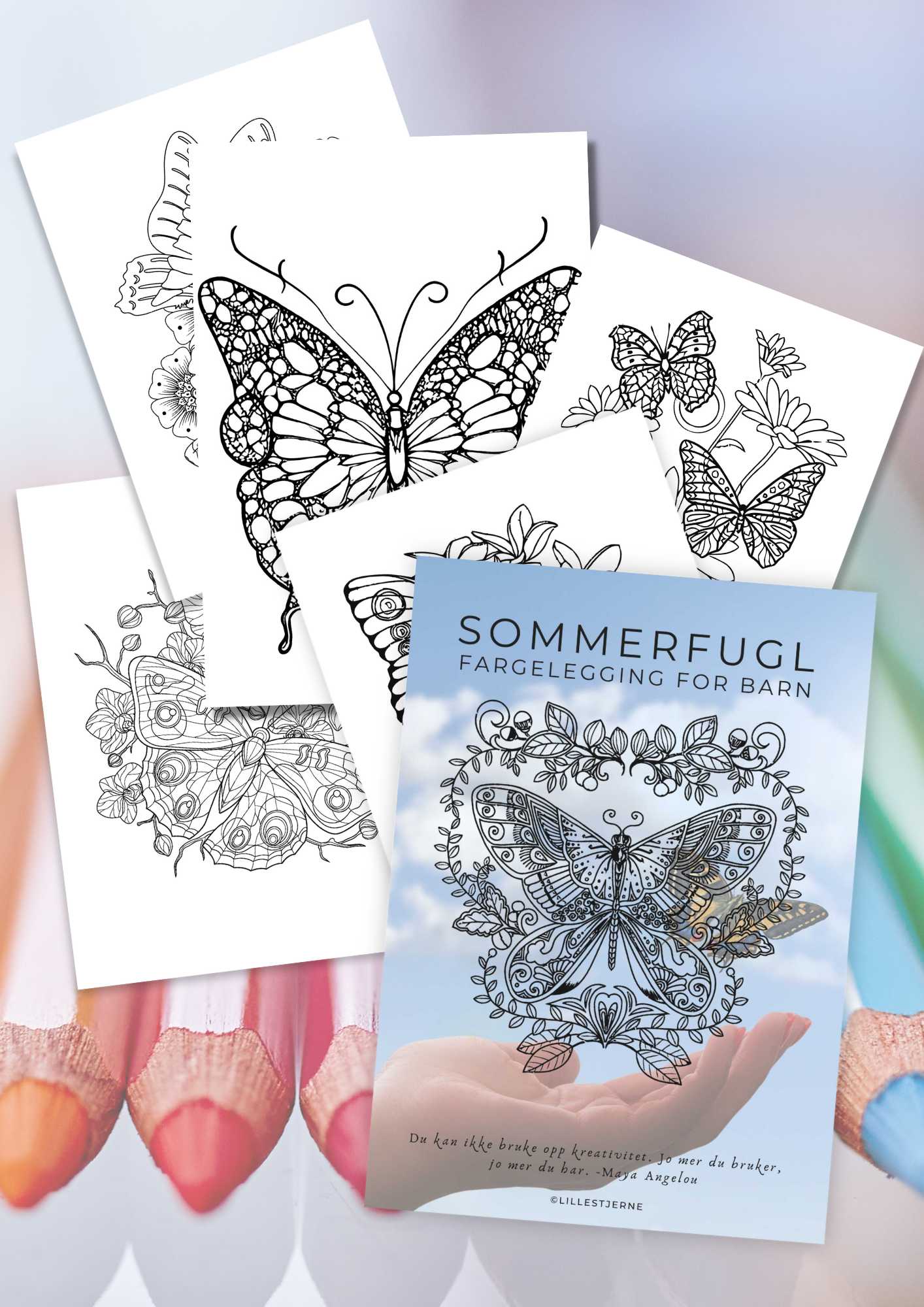 Sommerfugl fargeleggingsark for barn | 50 tegneark | PDF og PNG