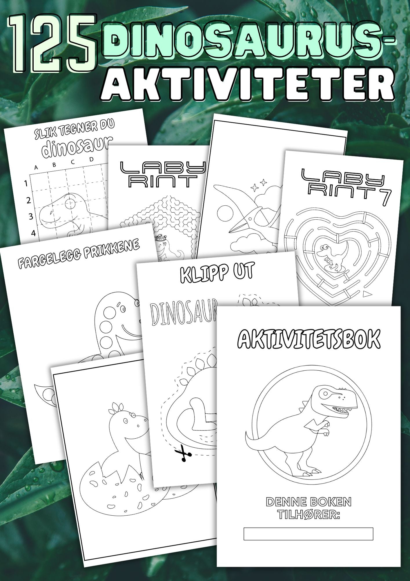 AKTIVITETSBOK FOR BARN | Dinosaurus oppgaver med 125 sider | Skriv ut