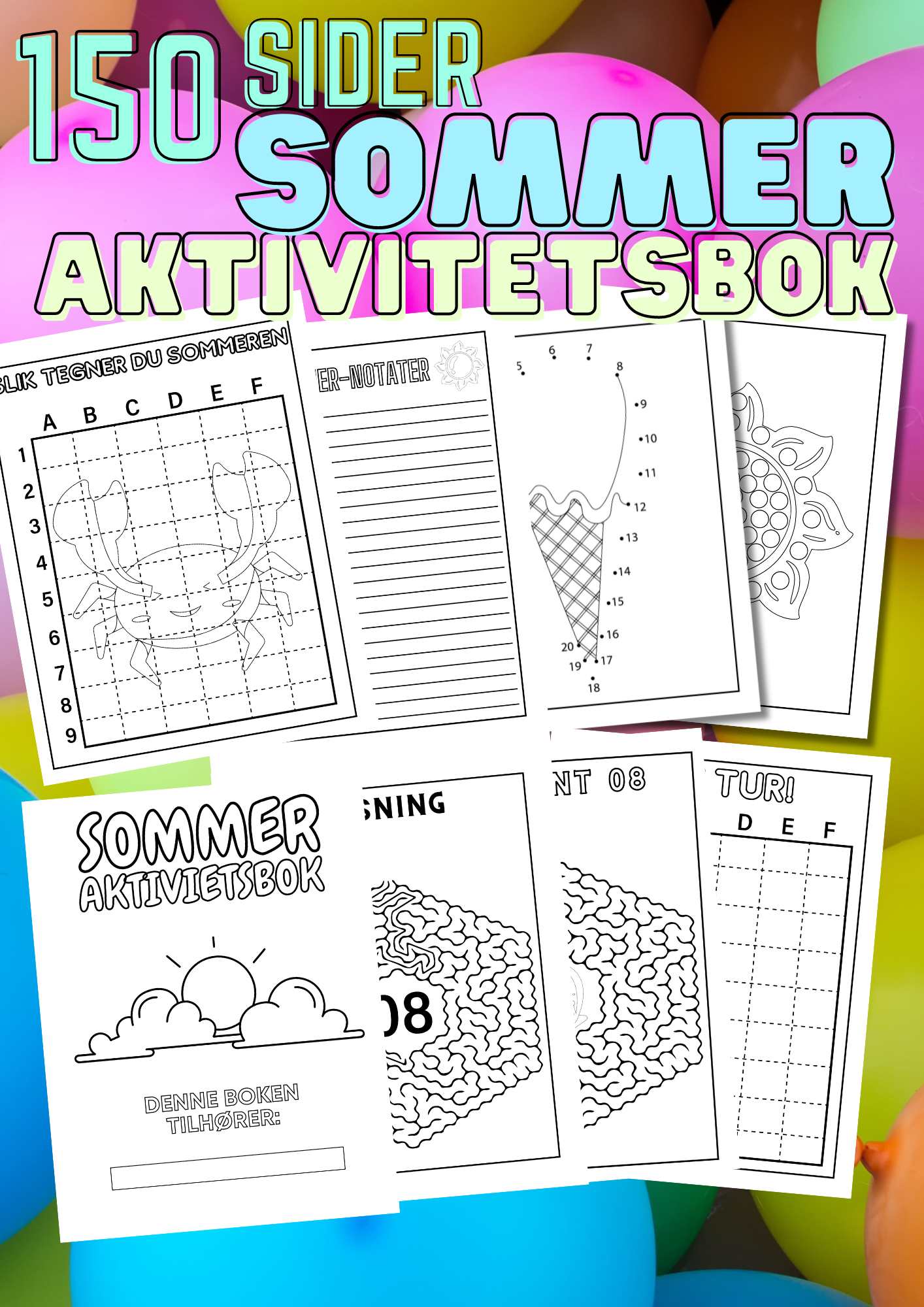 SOMMER Aktivitetsbok 150 sider med gøye aktiviteter | Skriv ut | PDF og PNG