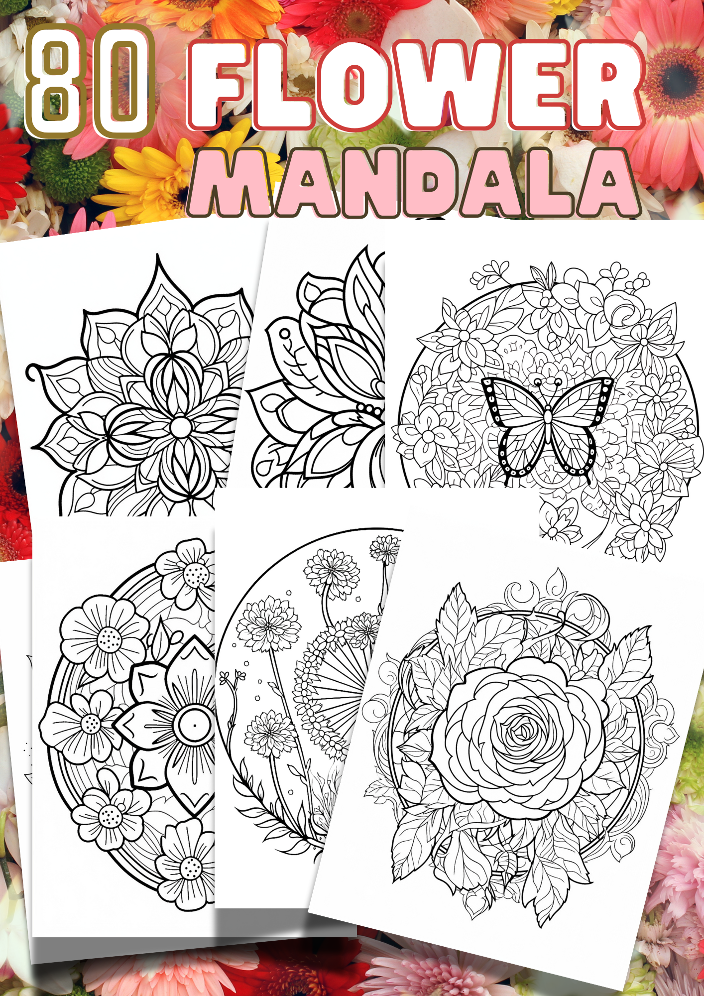 Mandala flower | 80 ark å fargelegge blomster | PDF og PNG