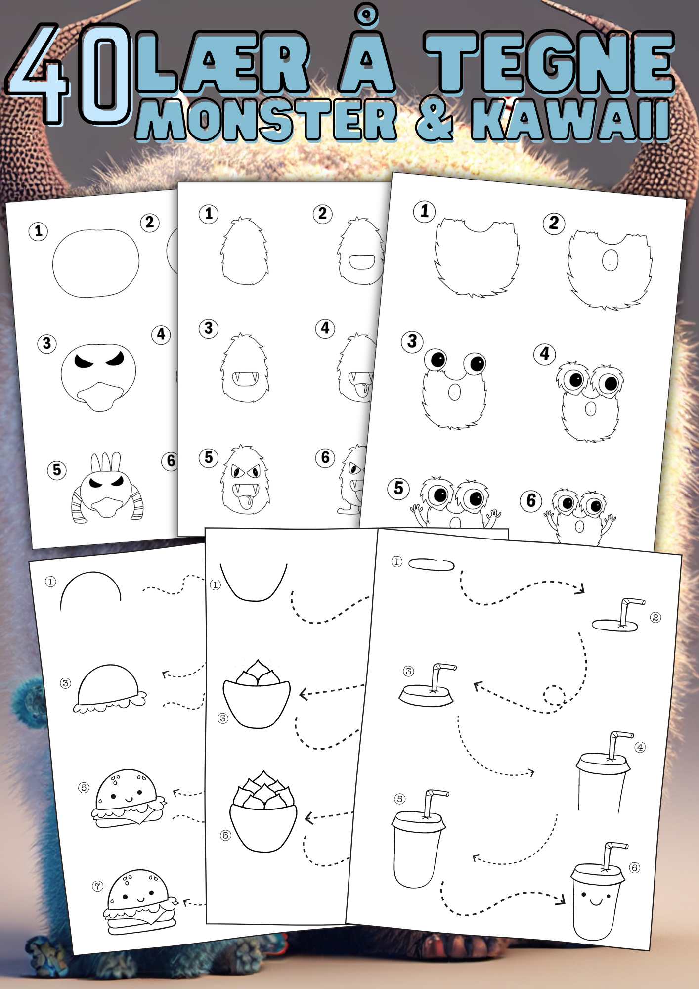 Lær å tegne KAWAII og MONSTER | 40 motiv med enkle tegninger | PDF og PNG