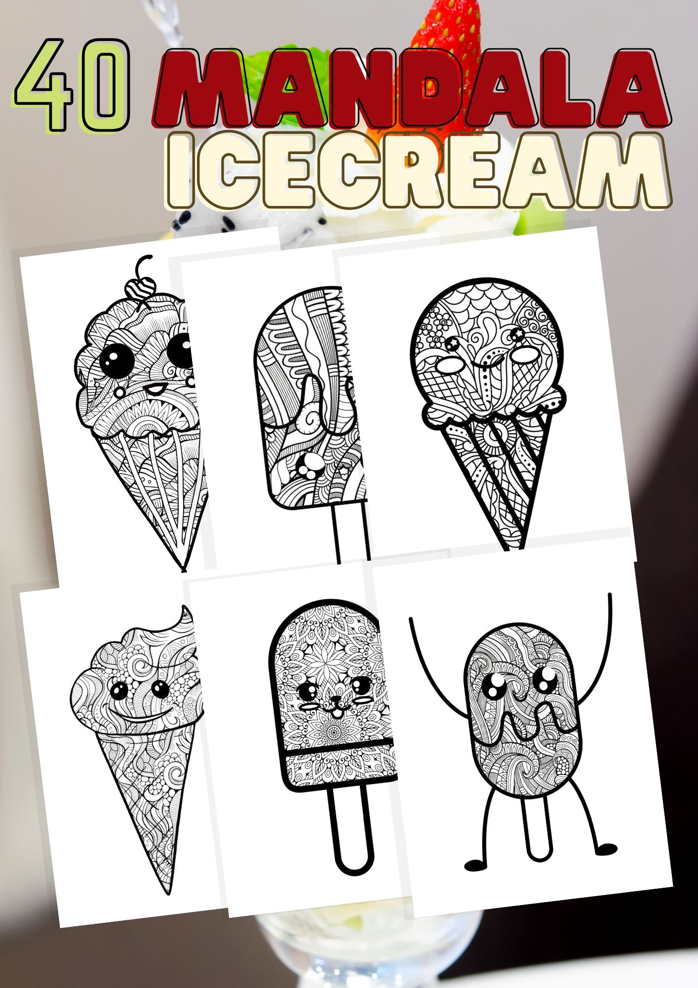 Mandala IceCream | 40 sider avansert fargeleggingsbok | PDF og PNG utskrift