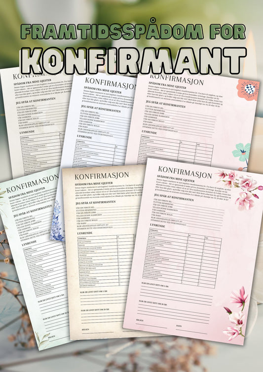 Framtidsspådom for konfirmanten | 6 motiv inkludert | Skriv ut A4-ark