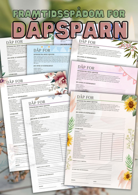 Framtidsspådom for dåpsbarn | 8 motiv inkludert | Skriv ut A4-ark