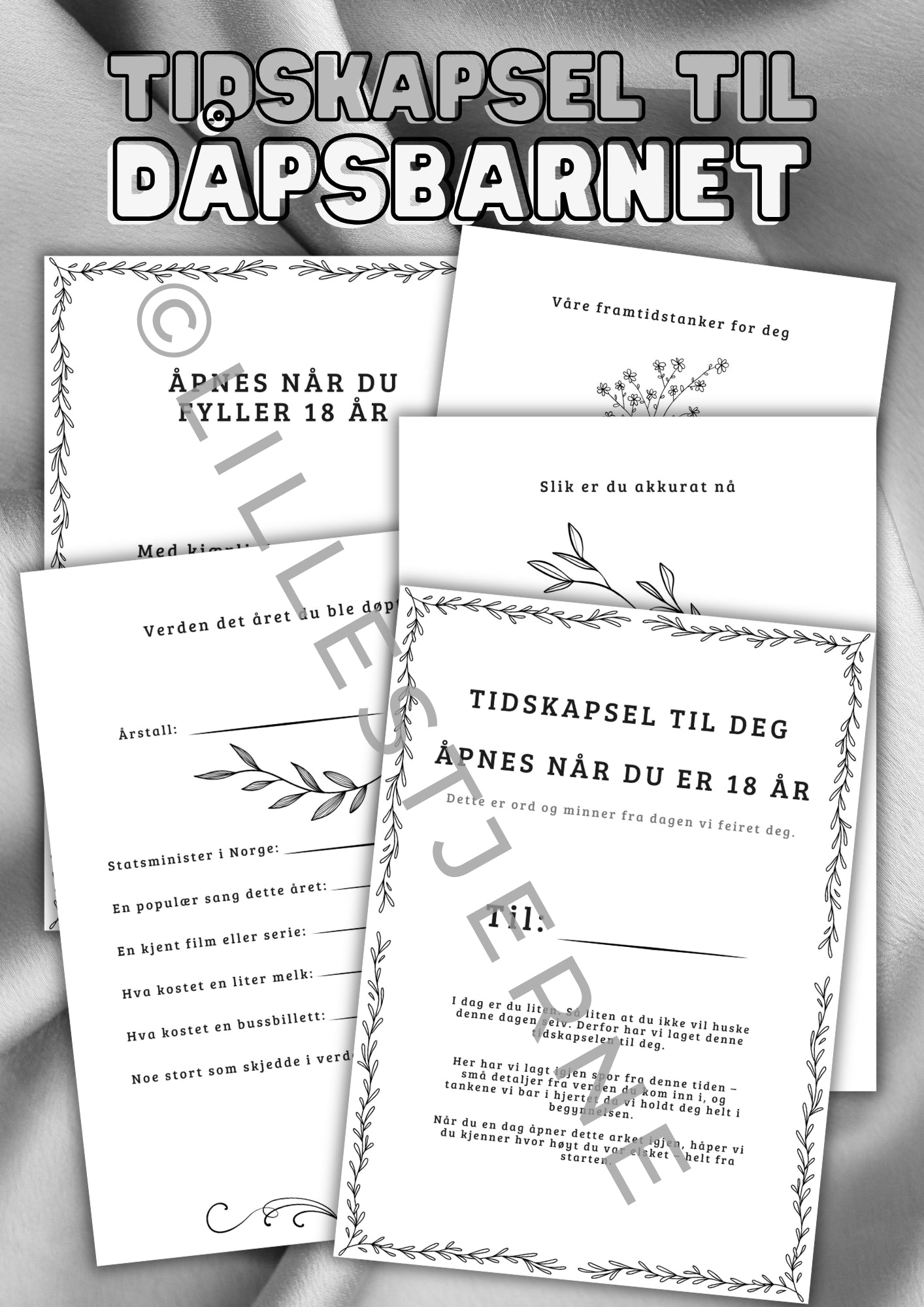 Minimalistisk tidskapsel til dåp i sort og hvitt design, fem sider digital nedlastning