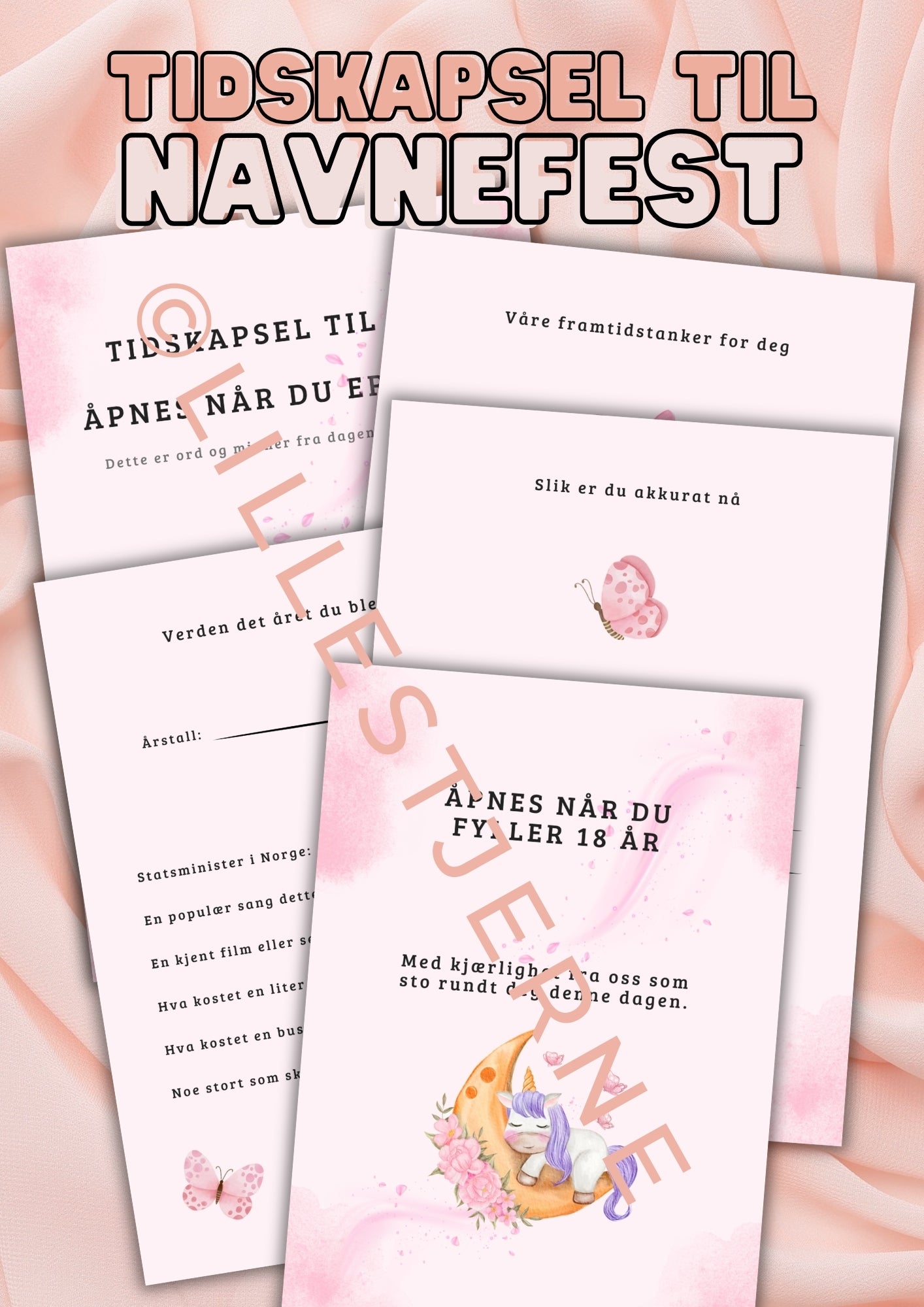 Rosa tidskapsel til navnefest med enhjørningmotiv, fem minneark som åpnes når barnet fyller 18 år