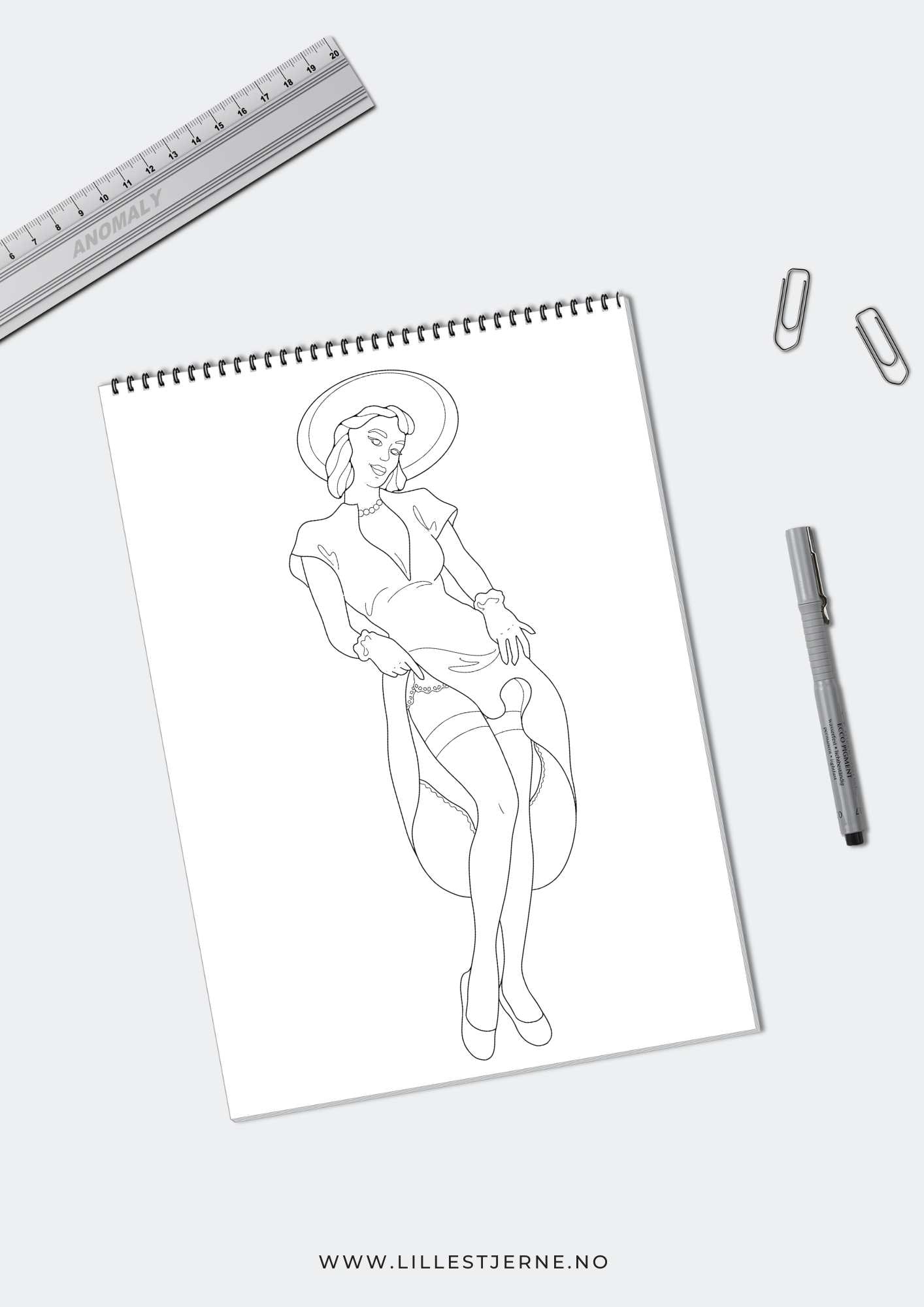 Pin-up fargelegging sider | 12 unike design | PDF og PNG