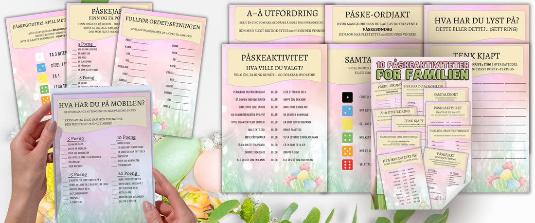 10 påskeaktiviteter for familien – pakkeovervisning med alle aktivitetsark i farger og sort-hvitt, norsk utskrivbar påskepakke