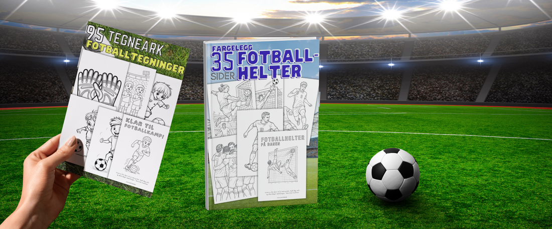 To fotball fargeleggingsbøker fra LilleStjerne – 95 tegneark for barn og 35 sider fotballhelter for ungdom og voksne, fotografert på fotballbane med stadionlys til å tegne fotball tegninger.