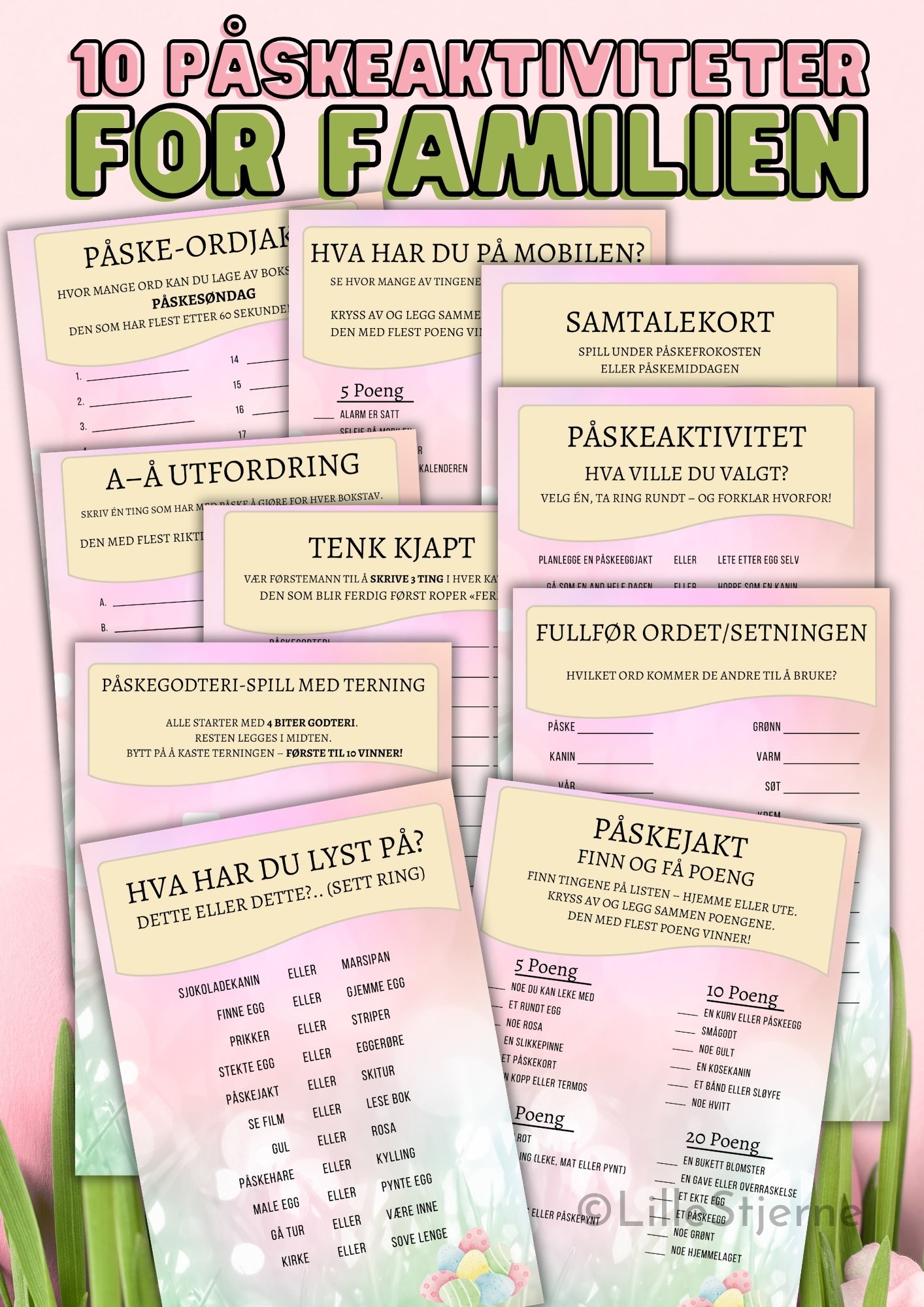 10 påskeaktiviteter for familien – pakkeovervisning fargeversjon med alle 10 utskrivbare ark