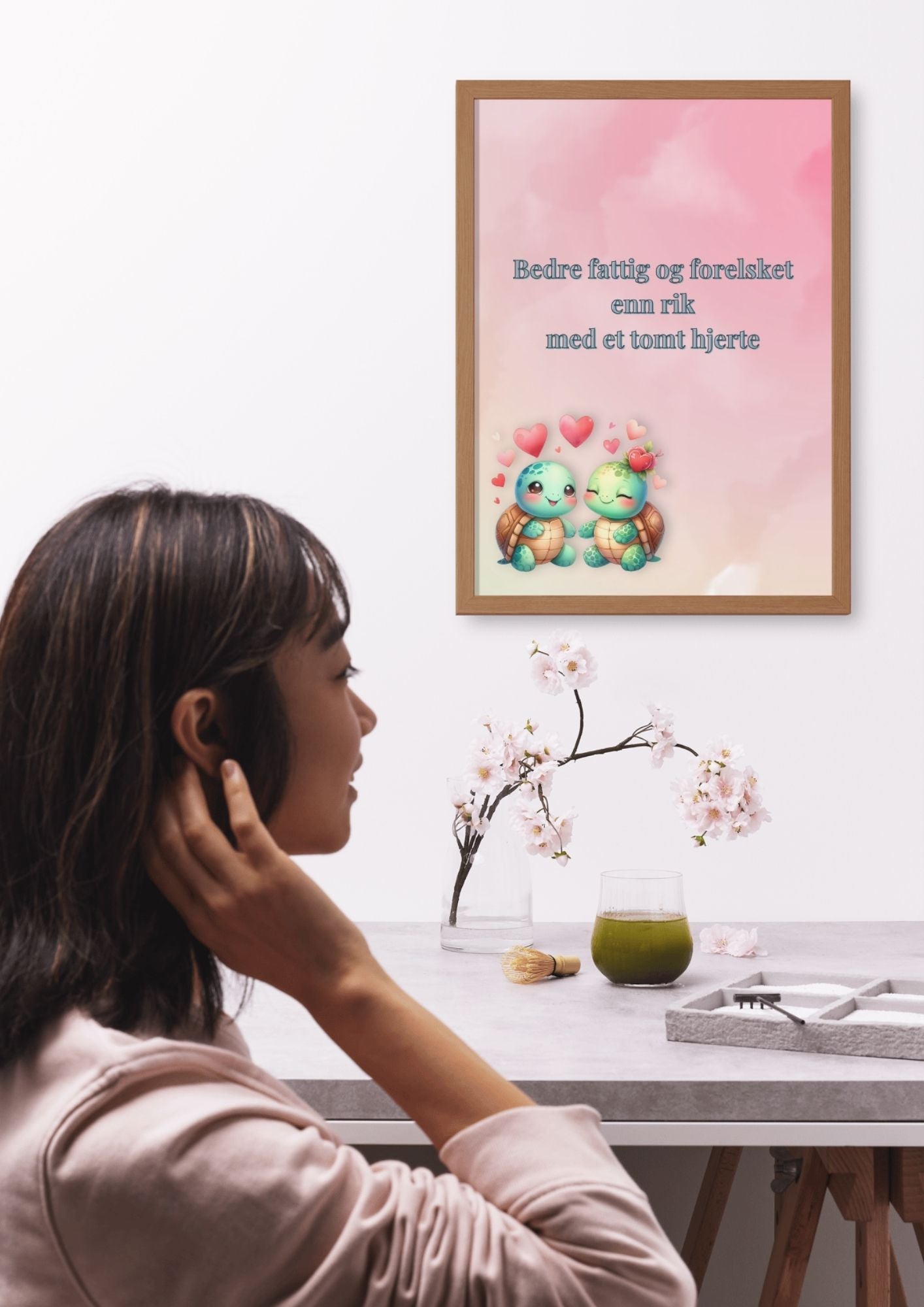 Søte skilpadder med hjerter plakat – Bedre fattig og forelsket enn rik med et tomt hjerte – digital veggkunst