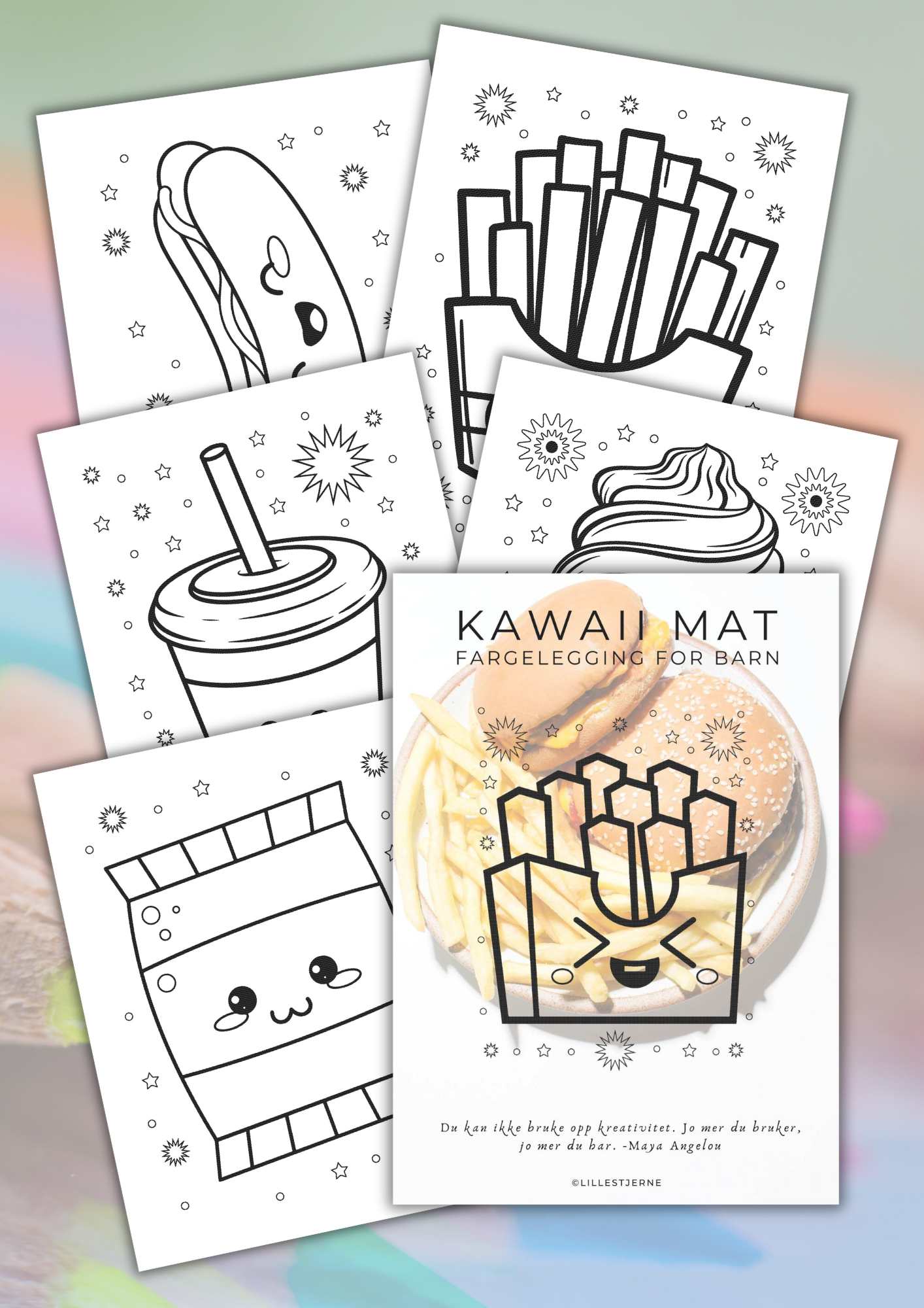 Kawaii tegninger for barn | 50 tegneark med søte mat-motiv | PDF og PNG