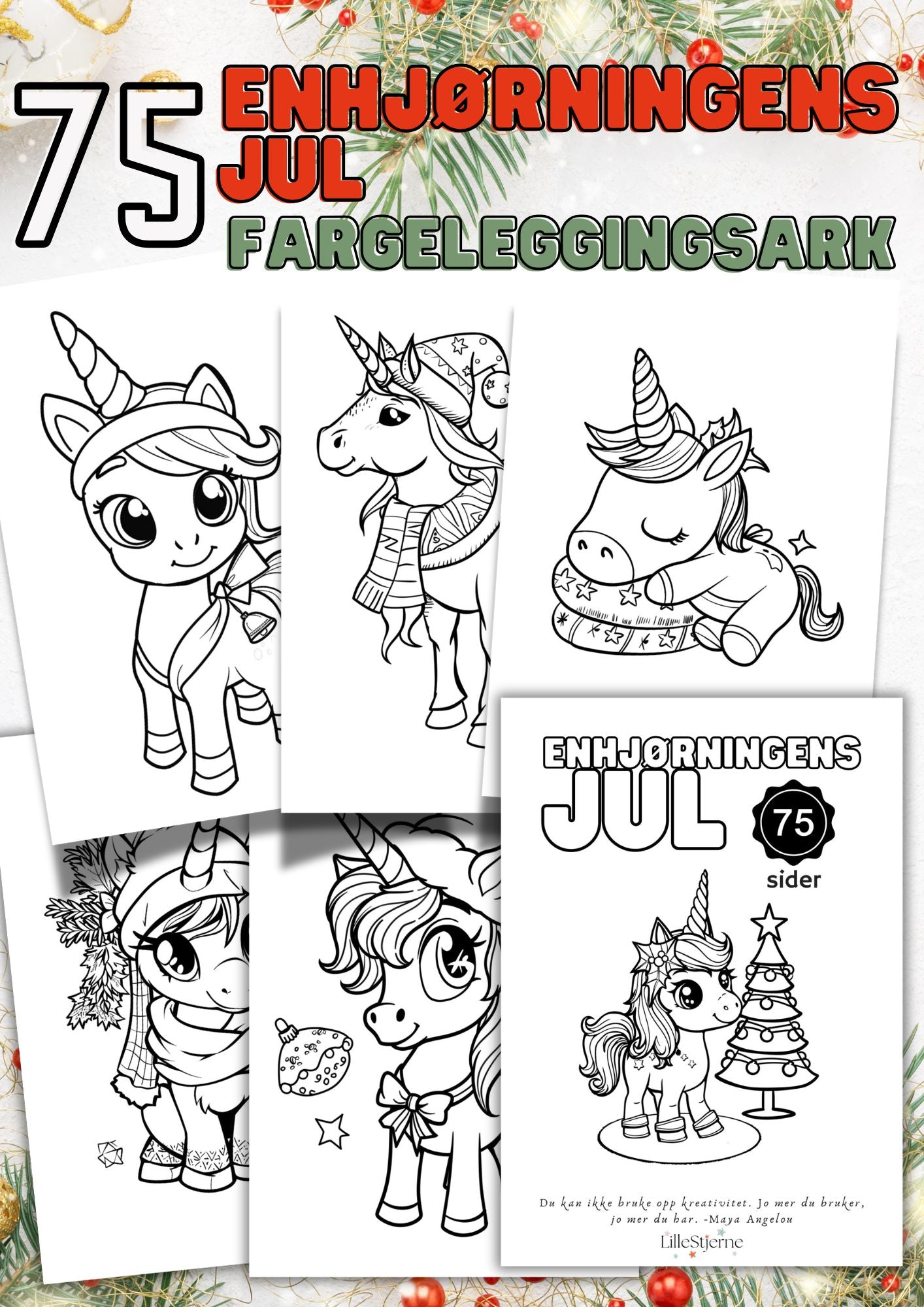 Enhjørningens jul fargeleggingsbok til utskrift | 75 sider jule-enhjørninger