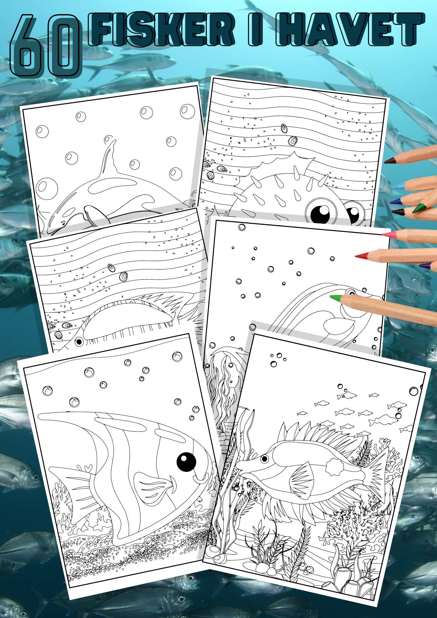 Fargelegg fisker i havet | 60 fargeleggingssider for barn | PDF og PNG