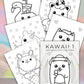 Kawaii fargeleggingssider for barn | 30 tegneark utskrift | PDF og PNG
