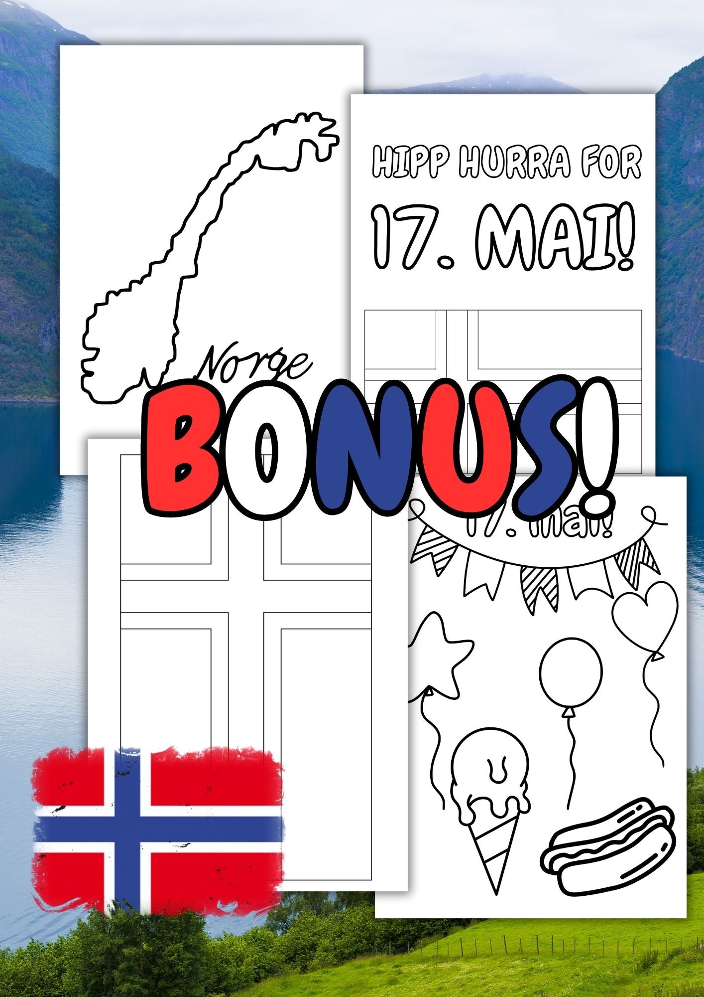 Iskrem mai og kawaii fargelegging | 30 tegneark + 17-MAI BONUS! | PDF og PNG