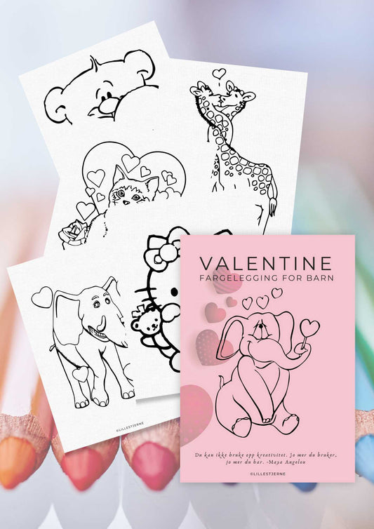 Valentine fargeleggingsark for barn | 30 tegneark | PDF og PNG