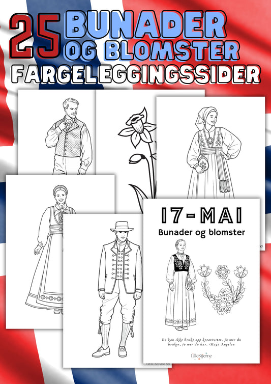 Fargeleggingsark med bunad og blomsterkrans, 17 mai tegning til utskrift