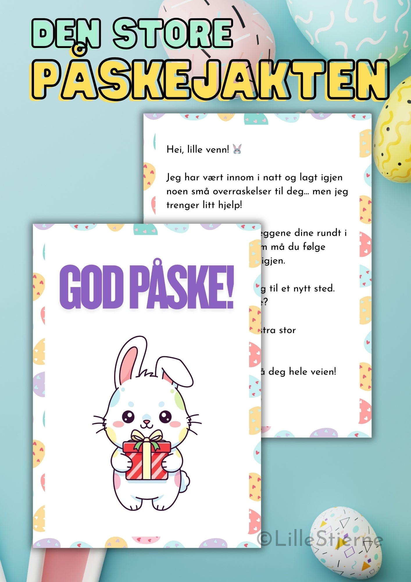 Den store påskejakten – forsidekort med kawaii påskehare og brev fra påskeharen, norsk påskeaktivitet for barn