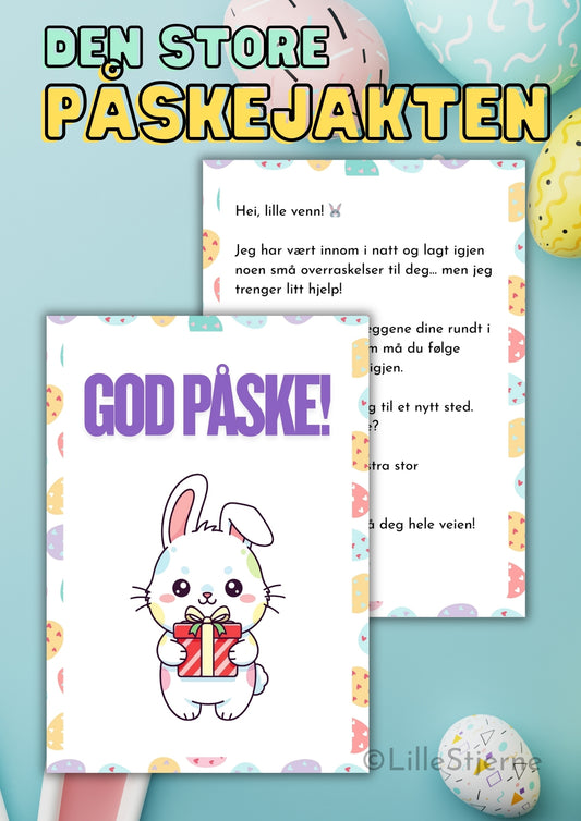 Den store påskejakten – forsidekort med kawaii påskehare og brev fra påskeharen, norsk påskeaktivitet for barn
