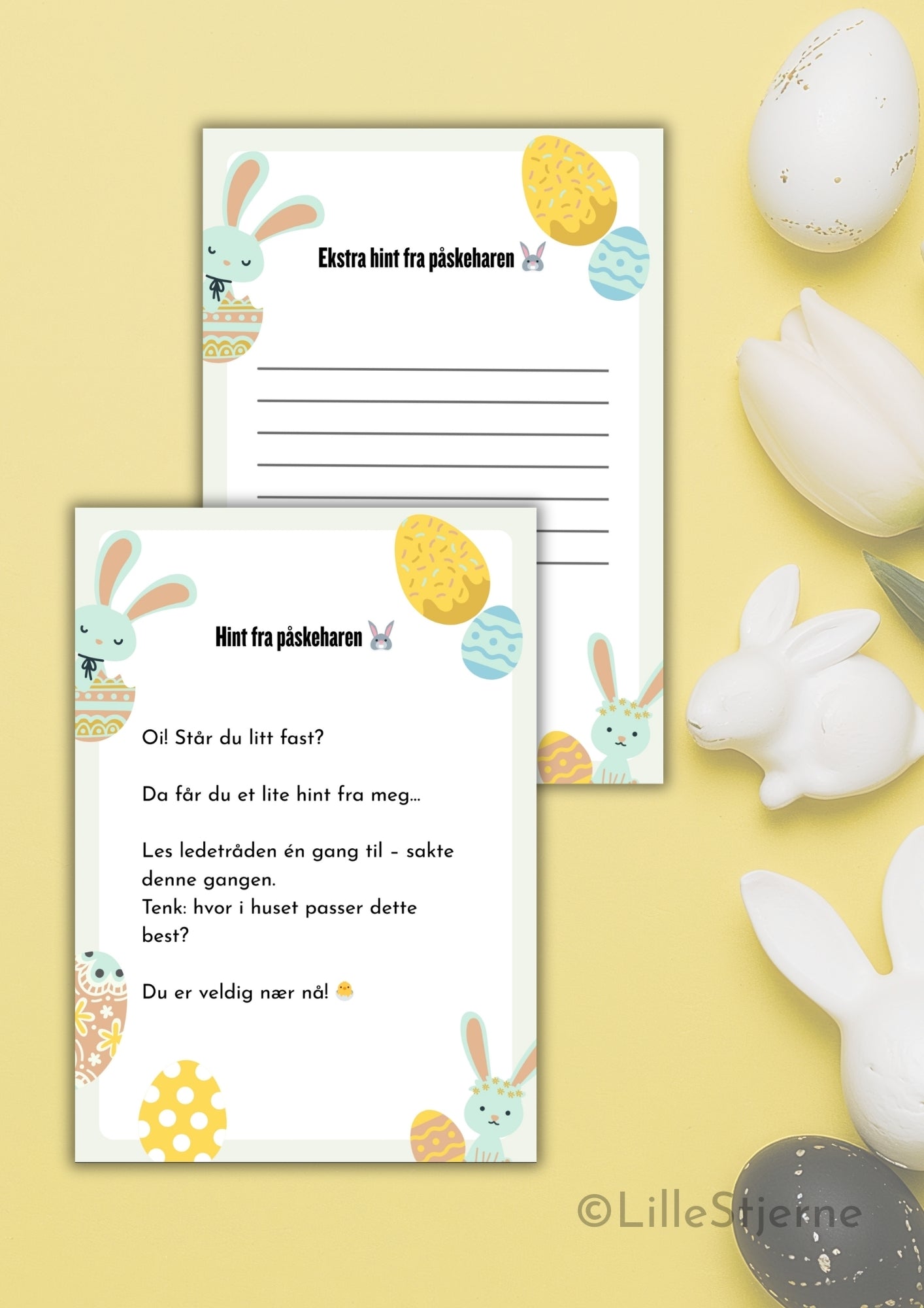 Hint-kort fra påskeharen – ferdig utfylt og blankt kort vist sammen, norsk påskejakt printable