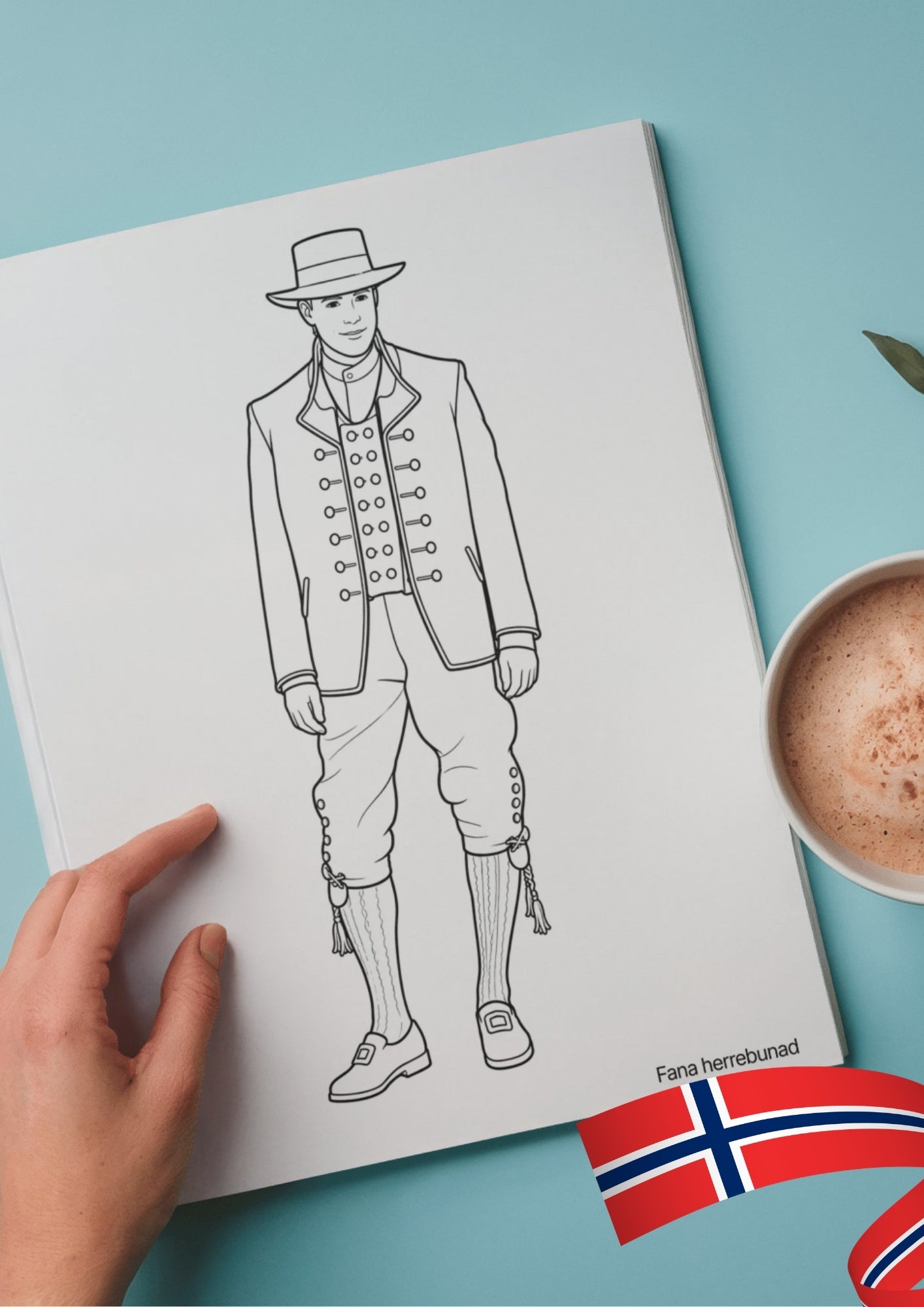 Fargelegging av herrebunad med detaljerte linjer, 17 mai fargeleggingsark for barn