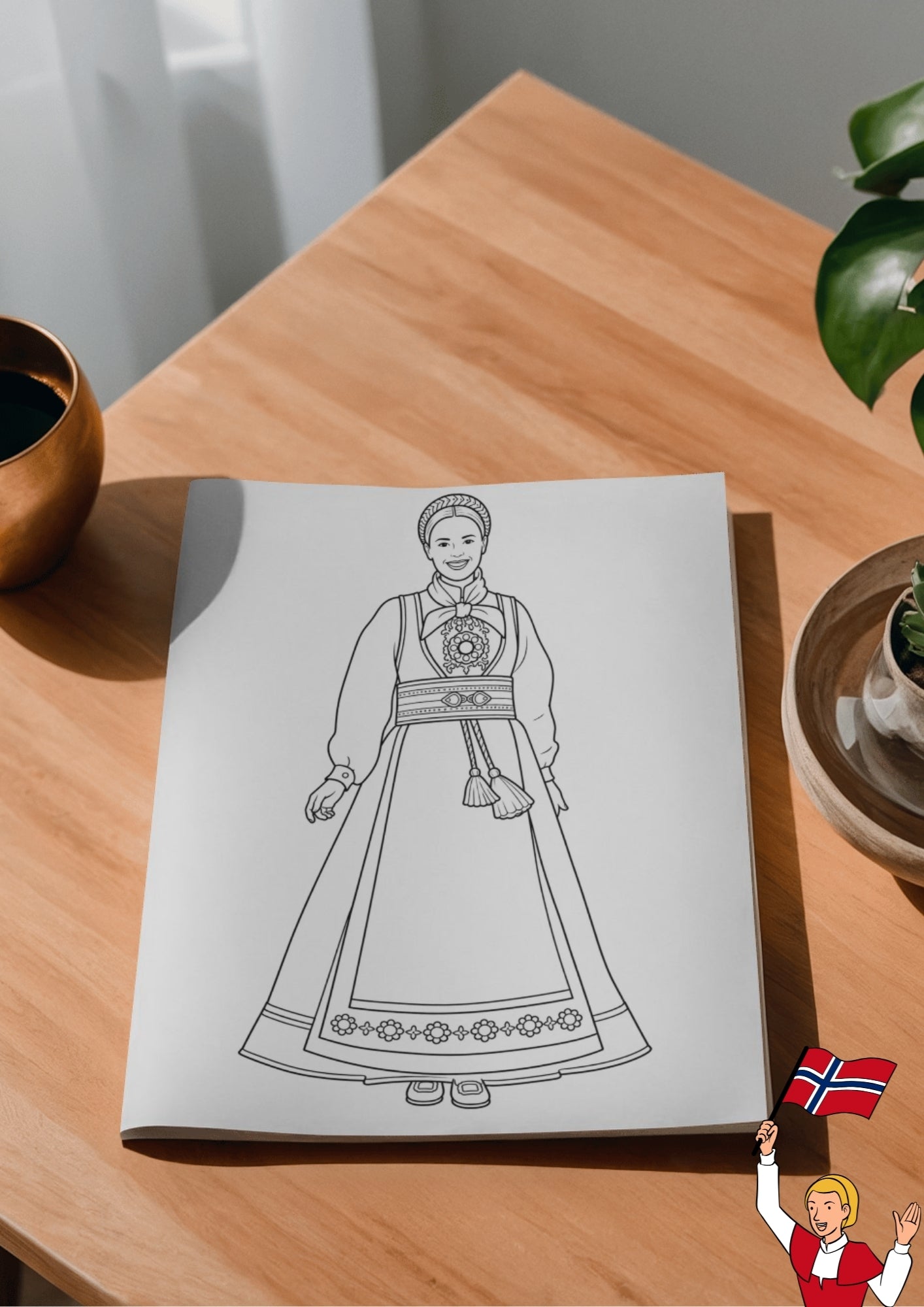 Fargeleggingsark med tradisjonell bunad, utskriftsvennlig aktivitet for barn