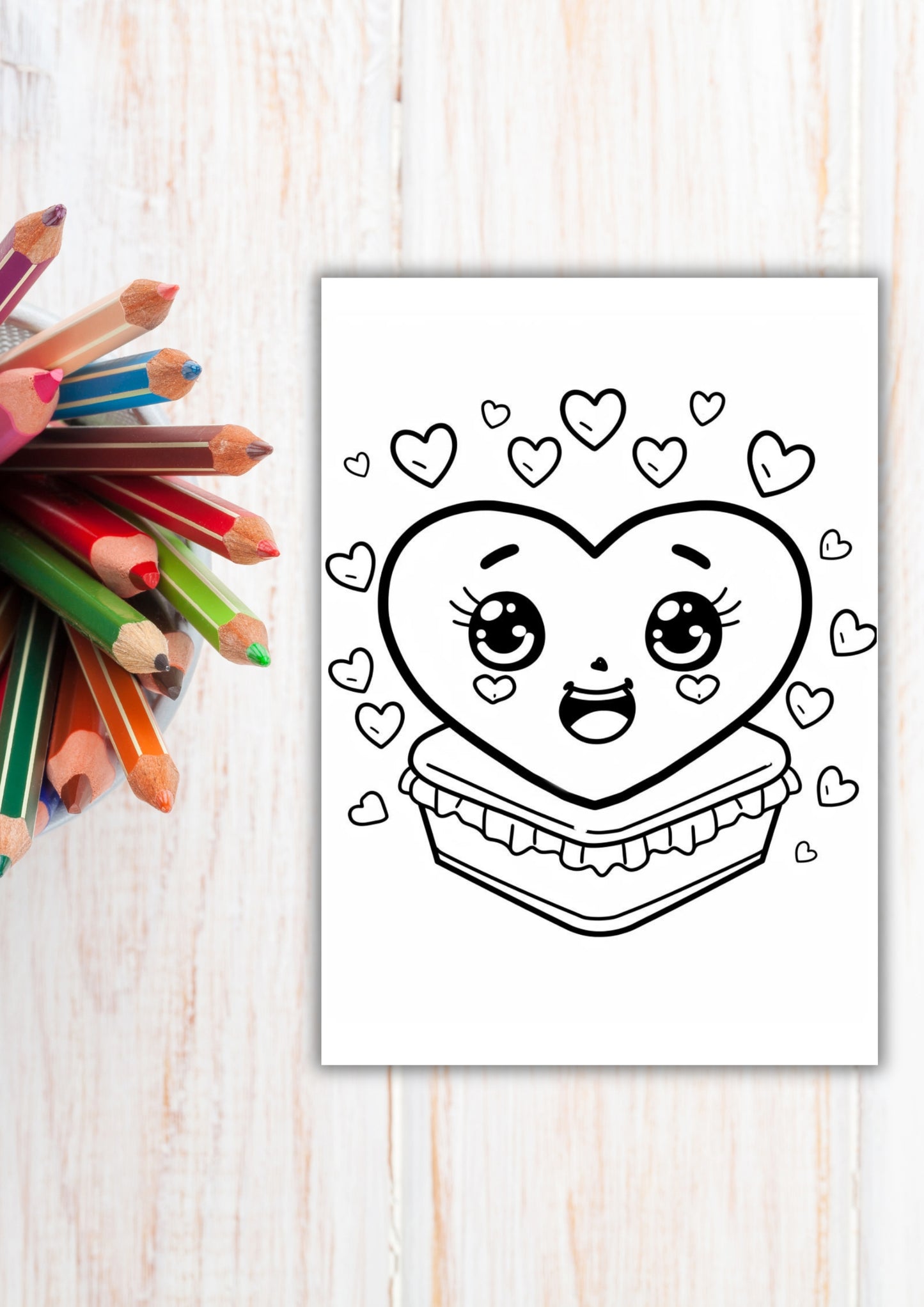 Søt hjertekake å fargelegge i kawaii-stil, omgitt av små hjerter – vist med fargeblyanter på hvitt trebord