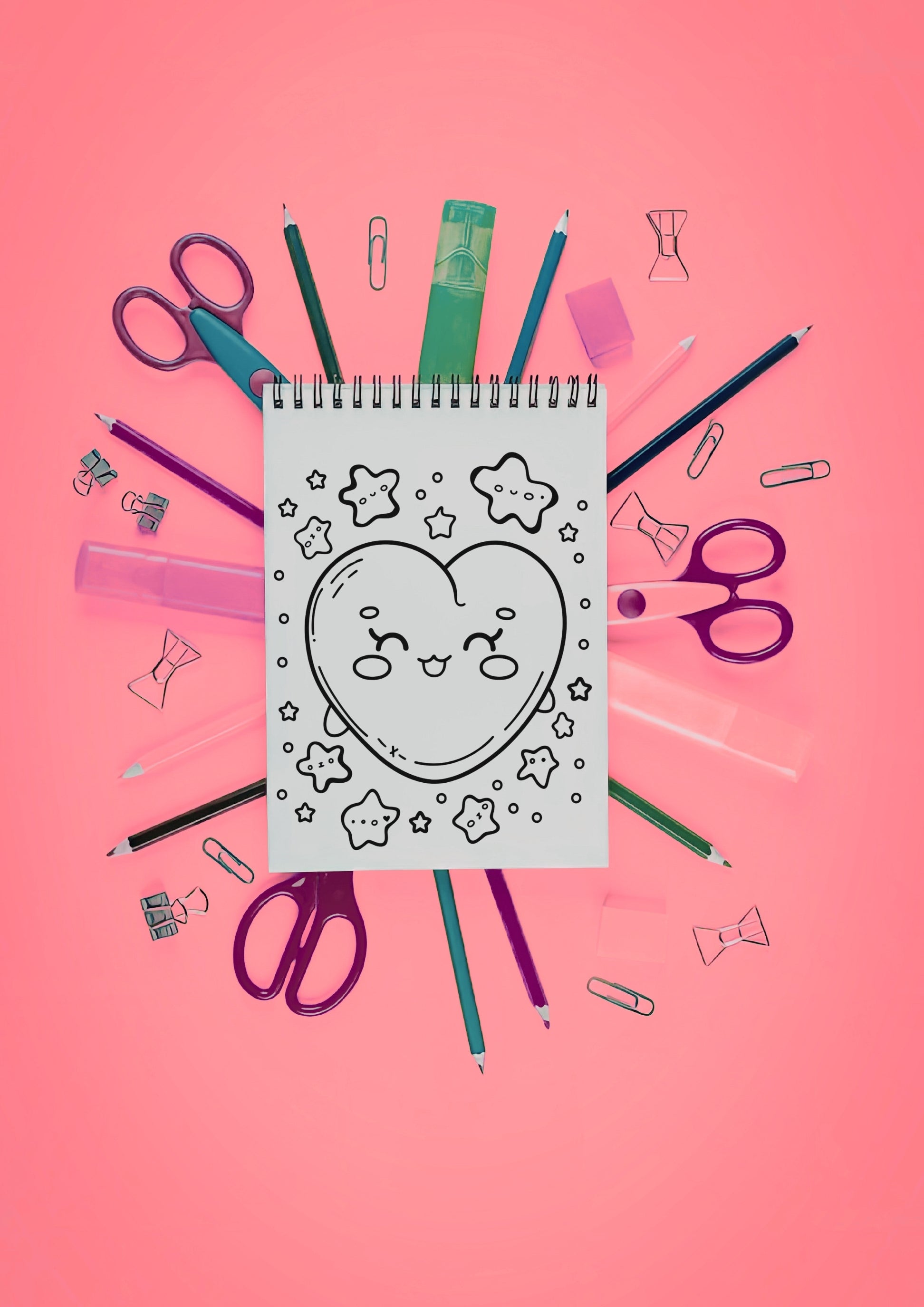 Fargeleggingsark med hjerte på rosa bakgrunn og kreative verktøy rundt.