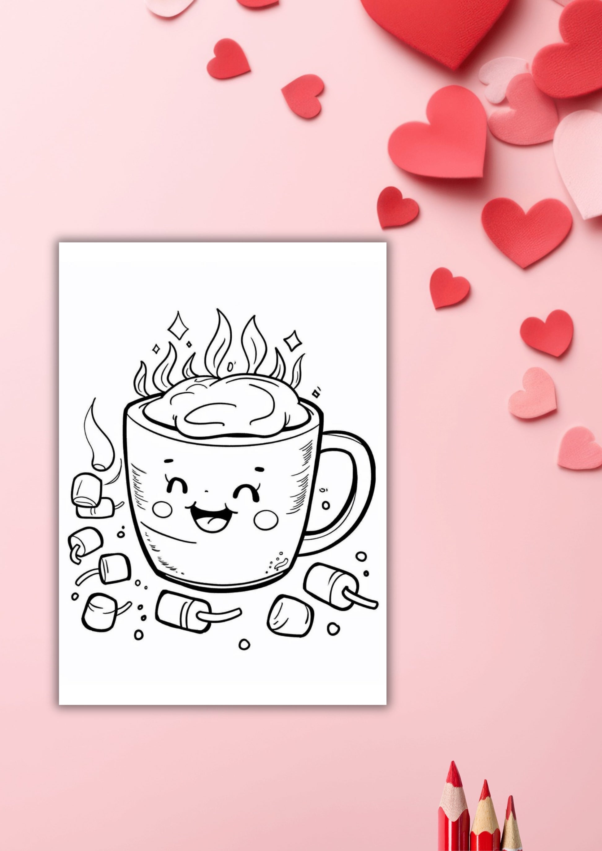 Fargelegg kaffekopp i kawaii-stil med røde fargeblyanter og rosa bakgrunn