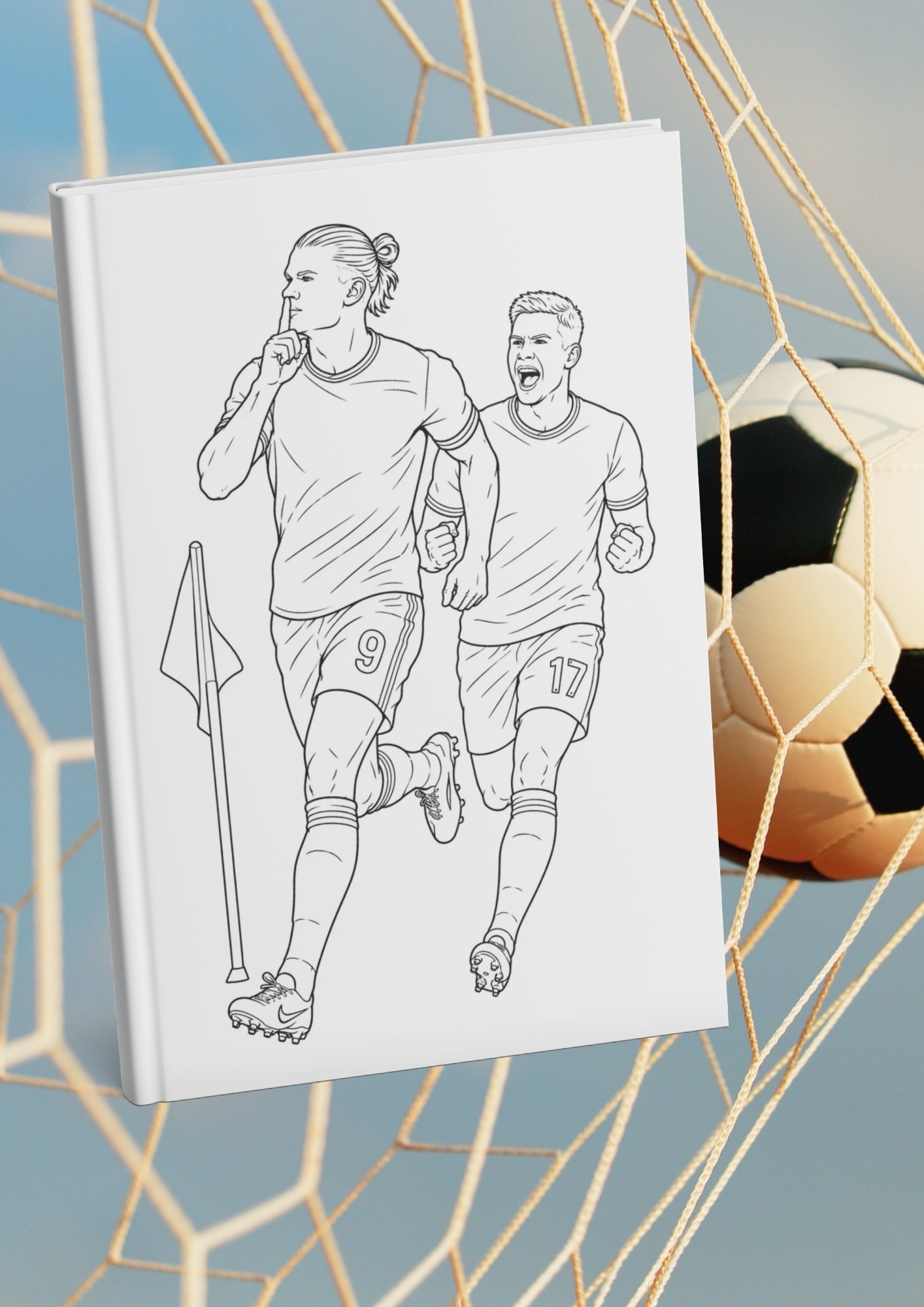 Fargeleggingsbok med fotballspillere som feirer scoring ved cornerflagget