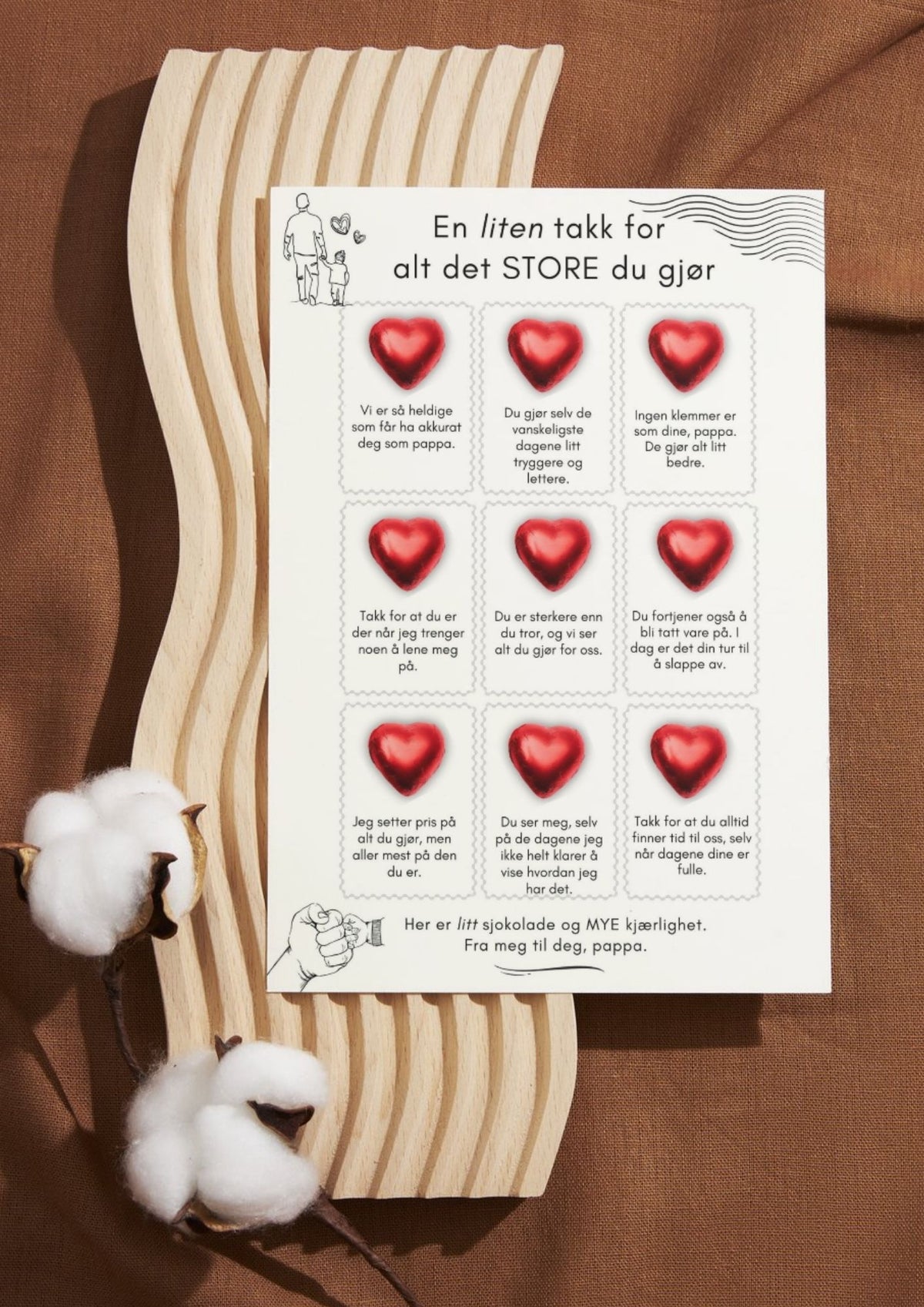 Farsdagskort med sjokoladehjerter og illustrasjon av pappa og barn