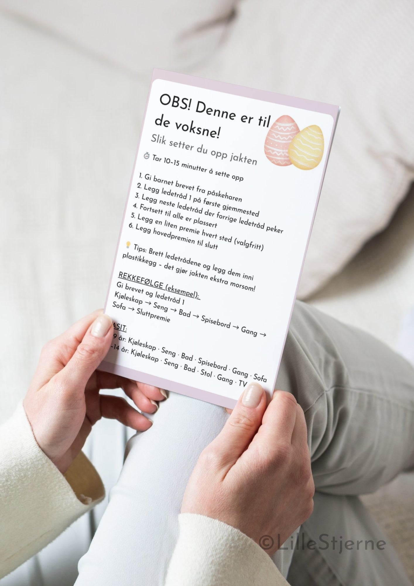 Oppsett og fasit til påskejakten holdt av voksen – instruksjonsark med rekkefølge og fasit for foreldre