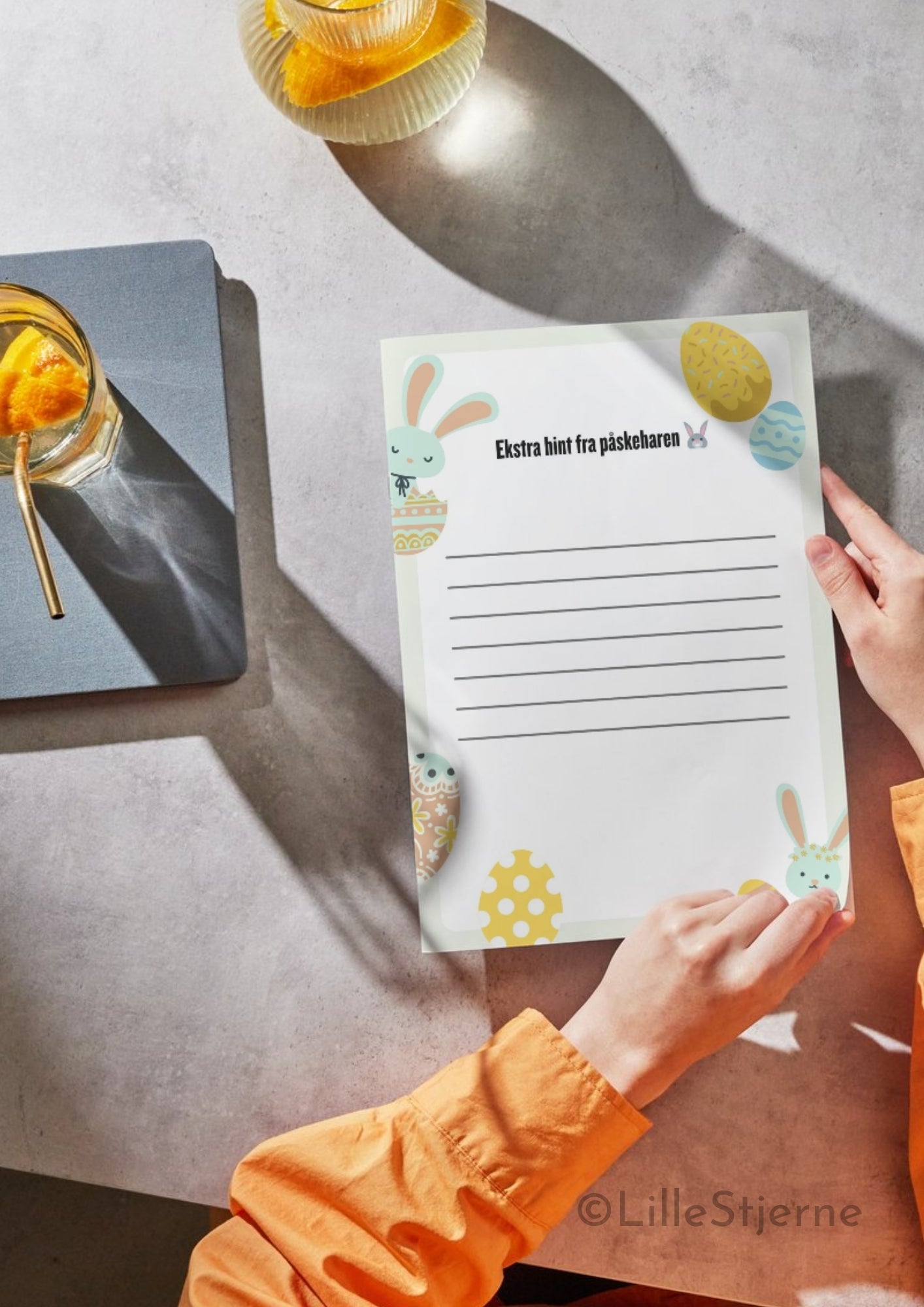 Ekstra hint-kort fra påskeharen – blankt skriveark med påskepynt, norsk påskeaktivitet printable
