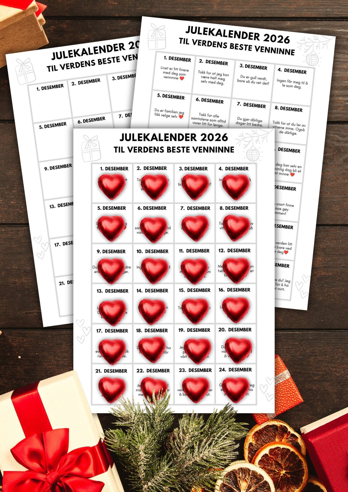 Julekalender til Verdens beste venninne | Skriv ut og lim på hjertesjokolader