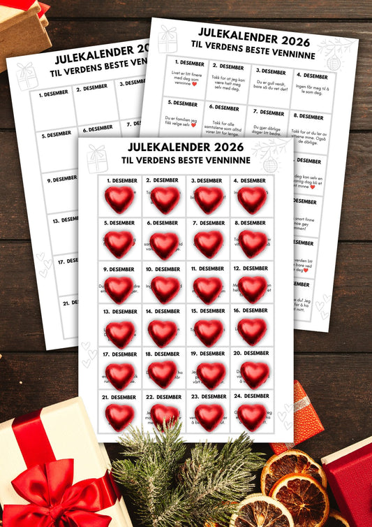 Julekalender til Verdens beste venninne | Skriv ut og lim på hjertesjokolader