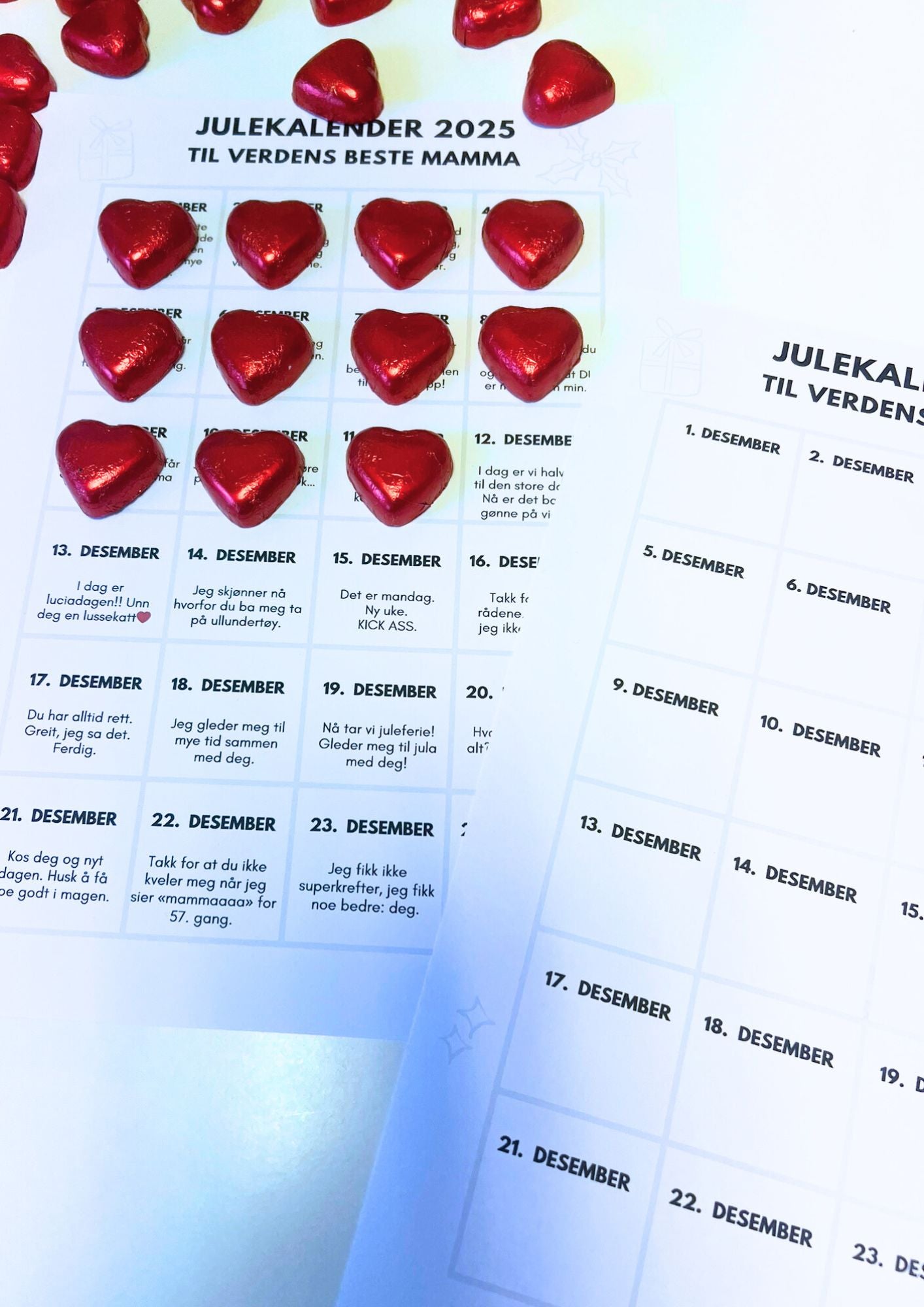Julekalender til Mamma | Skriv ut og lim på hjertesjokolader | PDF utskrift