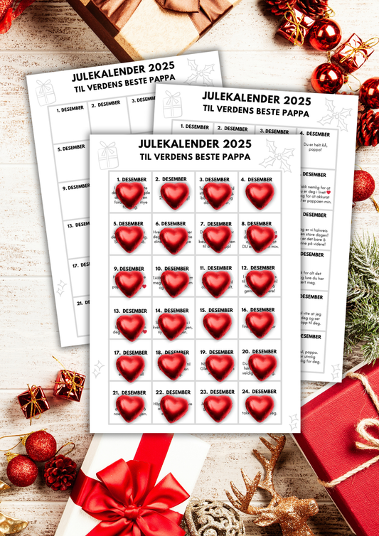Julekalender til Pappa | Skriv ut og lim på hjertesjokolader | PDF utskrift