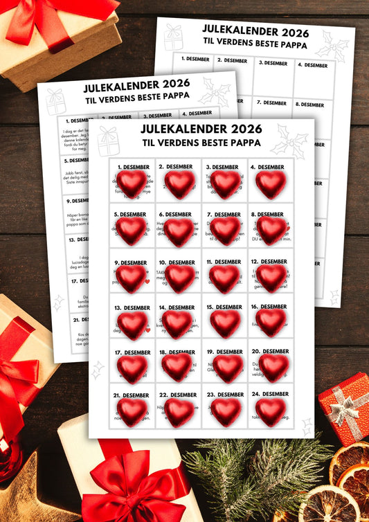 Julekalender til pappa for 2026 3 ark til utskrift