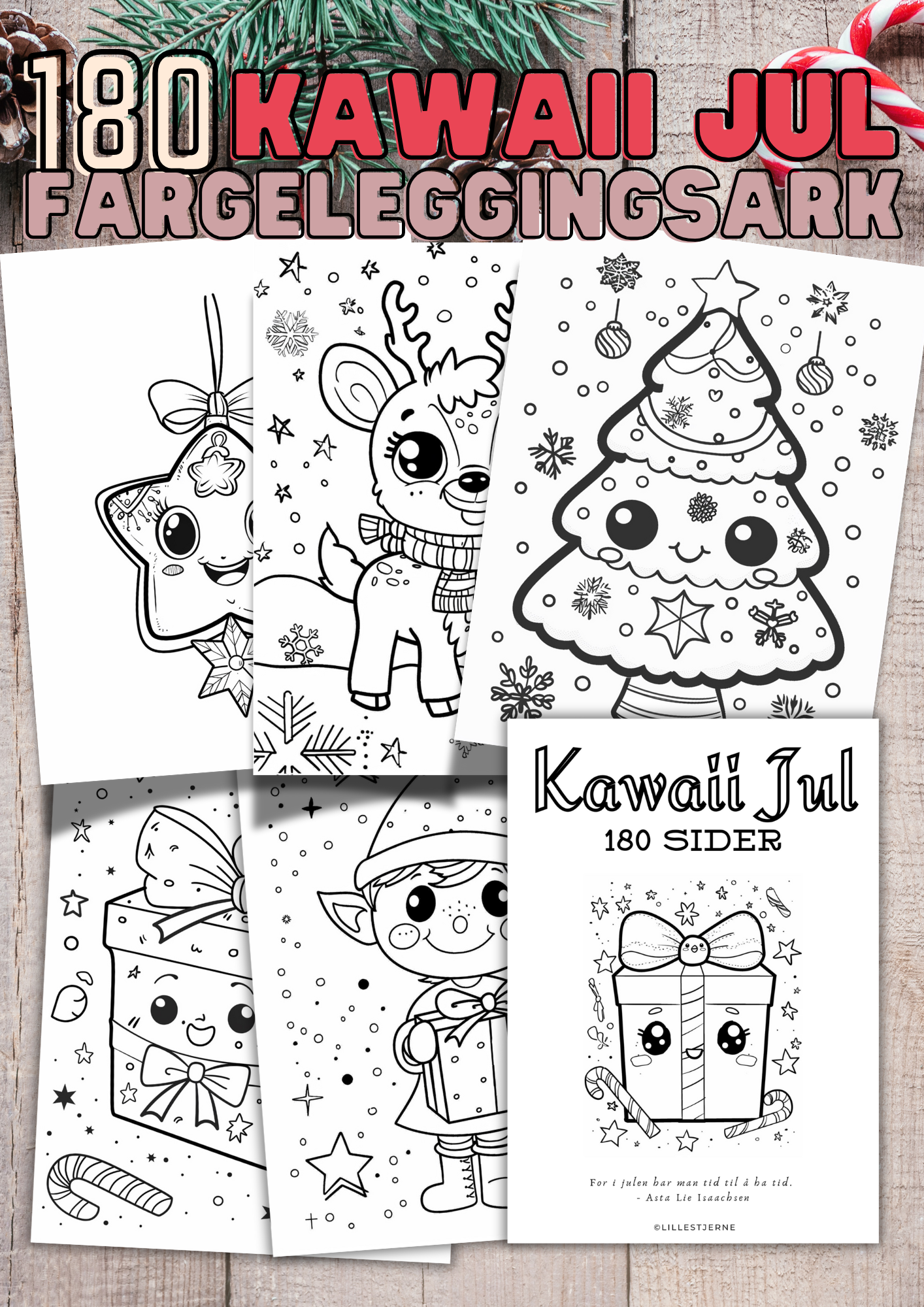 Jul Kawaii 180 sider | Fargeleggingsark jul til utskrift