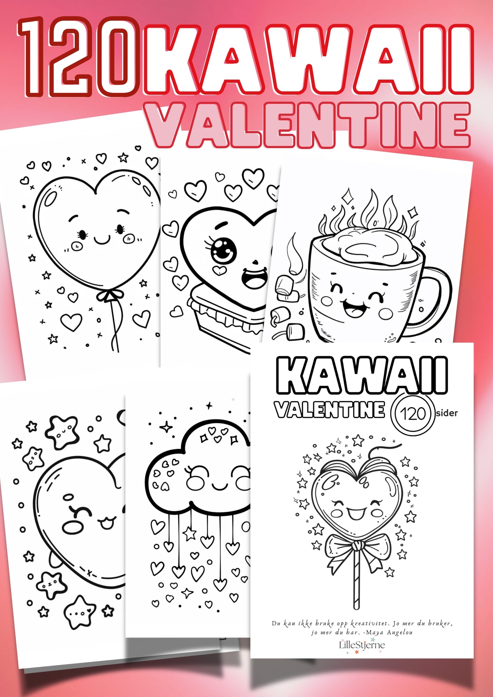  120 søte hjerter å fargelegge i kawaii-stil – oversikt over fargeleggingsbok med hjerteballong, hjertekake, kaffekopp, sky med hjerter og hjerteklubbe fra LilleStjerne