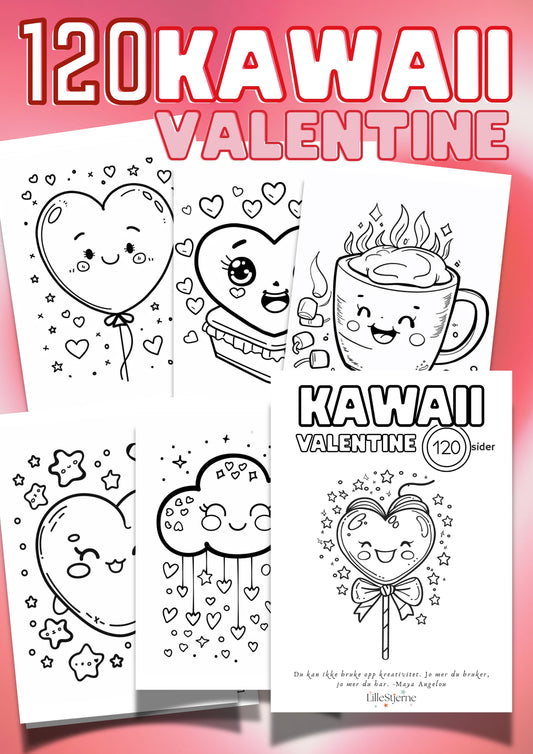  120 søte hjerter å fargelegge i kawaii-stil – oversikt over fargeleggingsbok med hjerteballong, hjertekake, kaffekopp, sky med hjerter og hjerteklubbe fra LilleStjerne